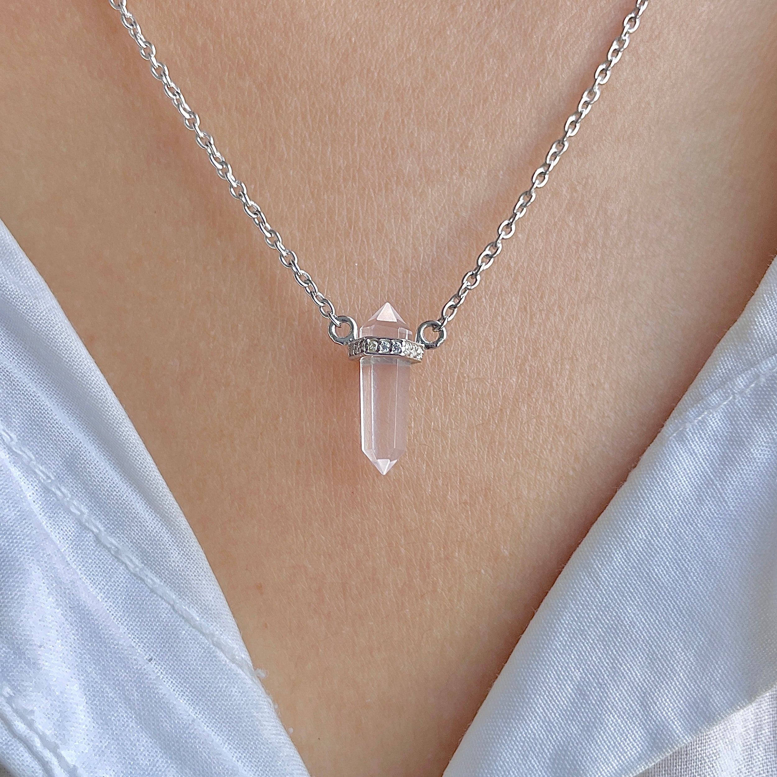 Rose Quartz & White Topaz Pencil Necklace-(RSQ-RN-84.)