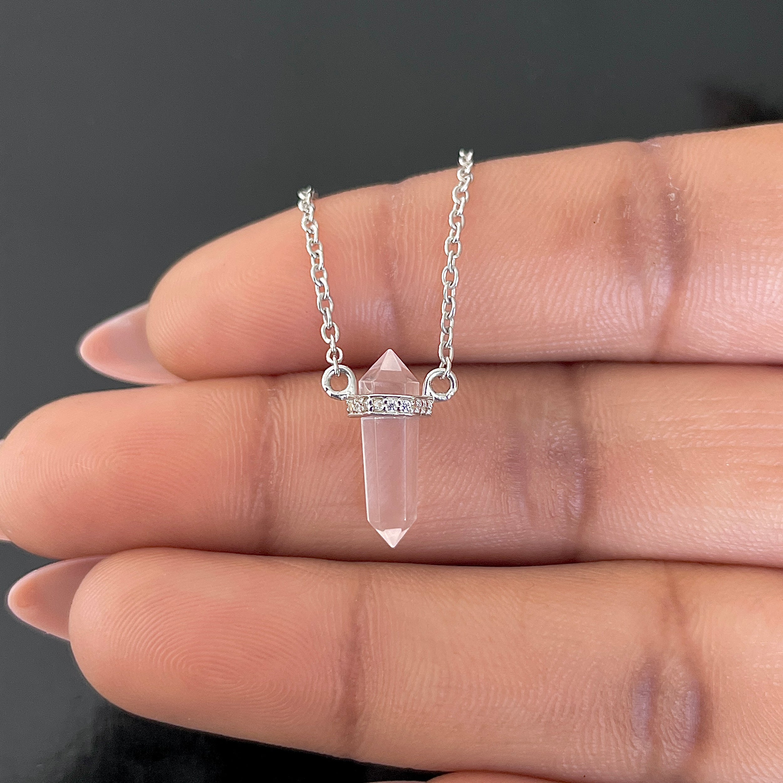 Rose Quartz & White Topaz Pencil Necklace-(RSQ-RN-84.)