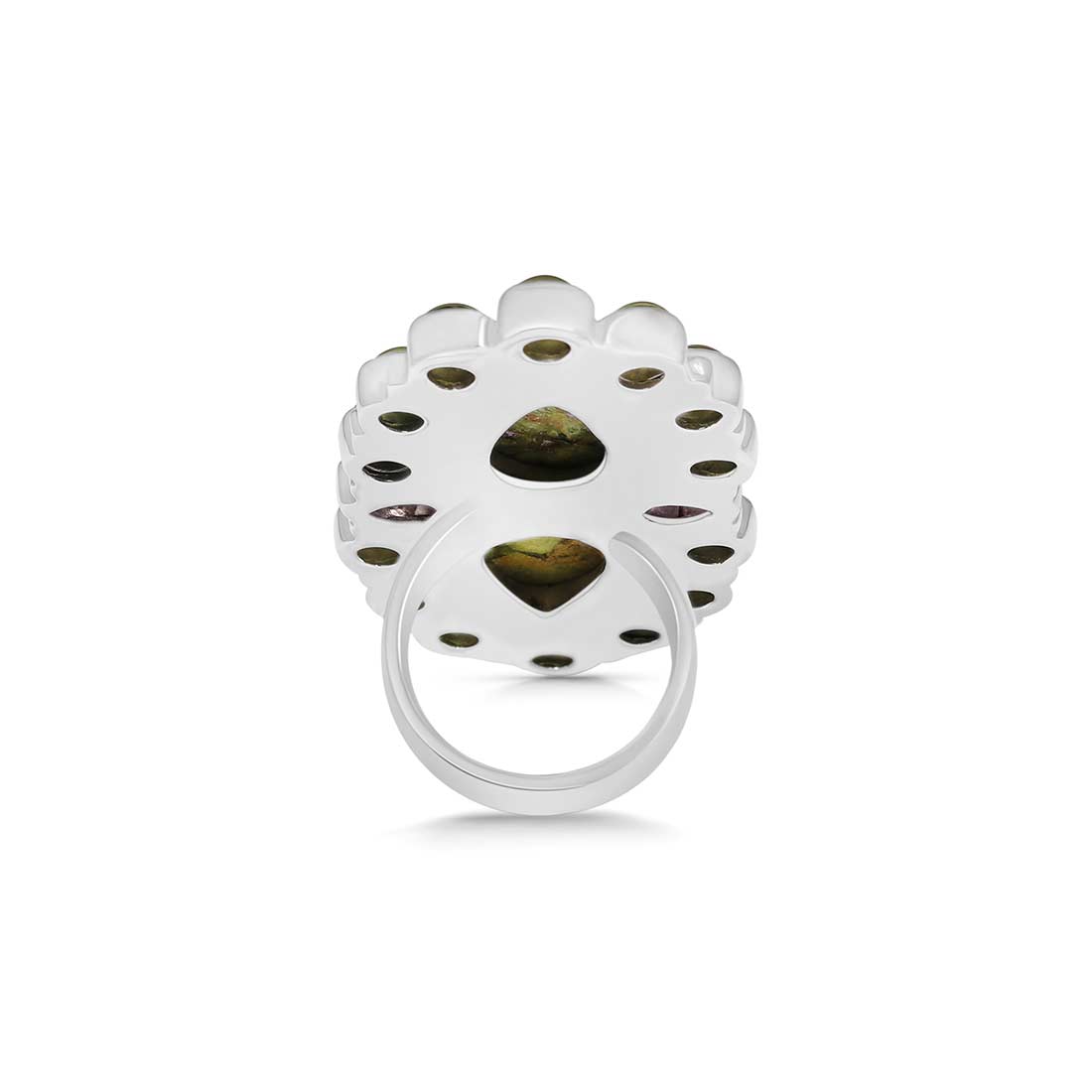 Stichtite, Peridot And Amethyst Flower Adjustable Ring-(SCT-FLR-1.)