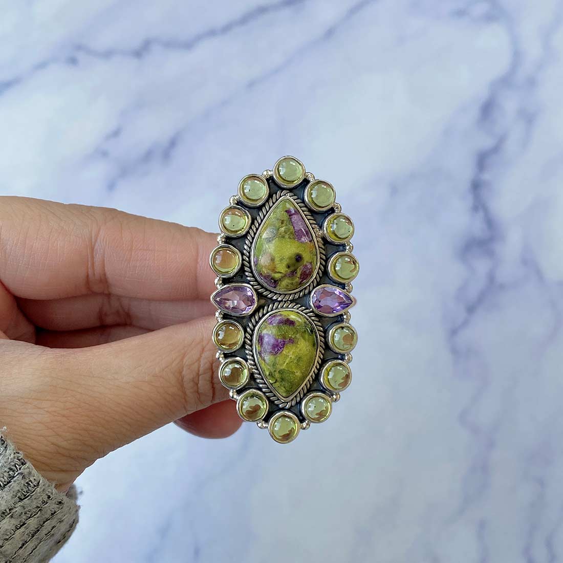 Stichtite, Peridot And Amethyst Flower Adjustable Ring-(SCT-FLR-1.)