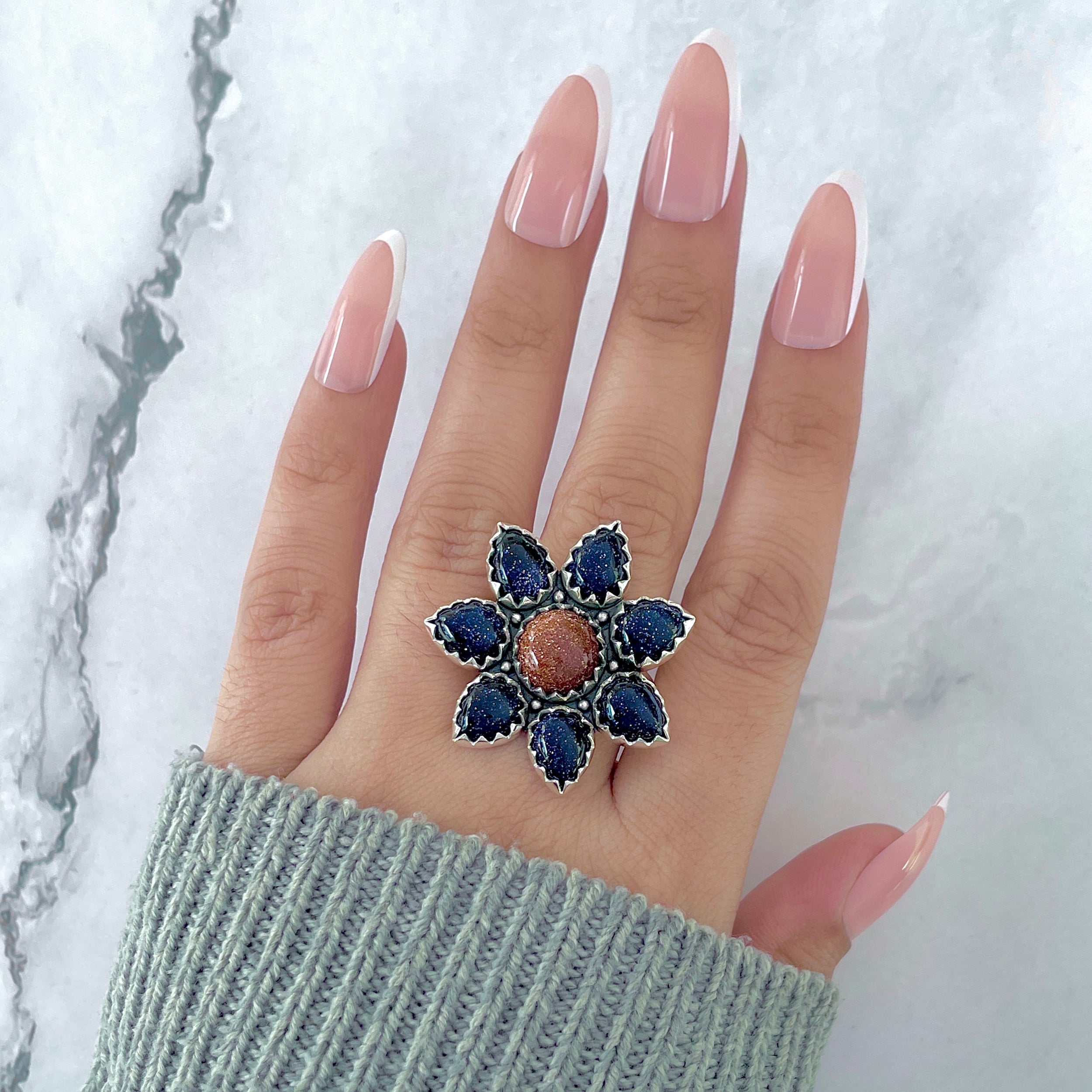 Sunstone (Orange) Flower Adjustable Ring-(SNT-FLR-1.)