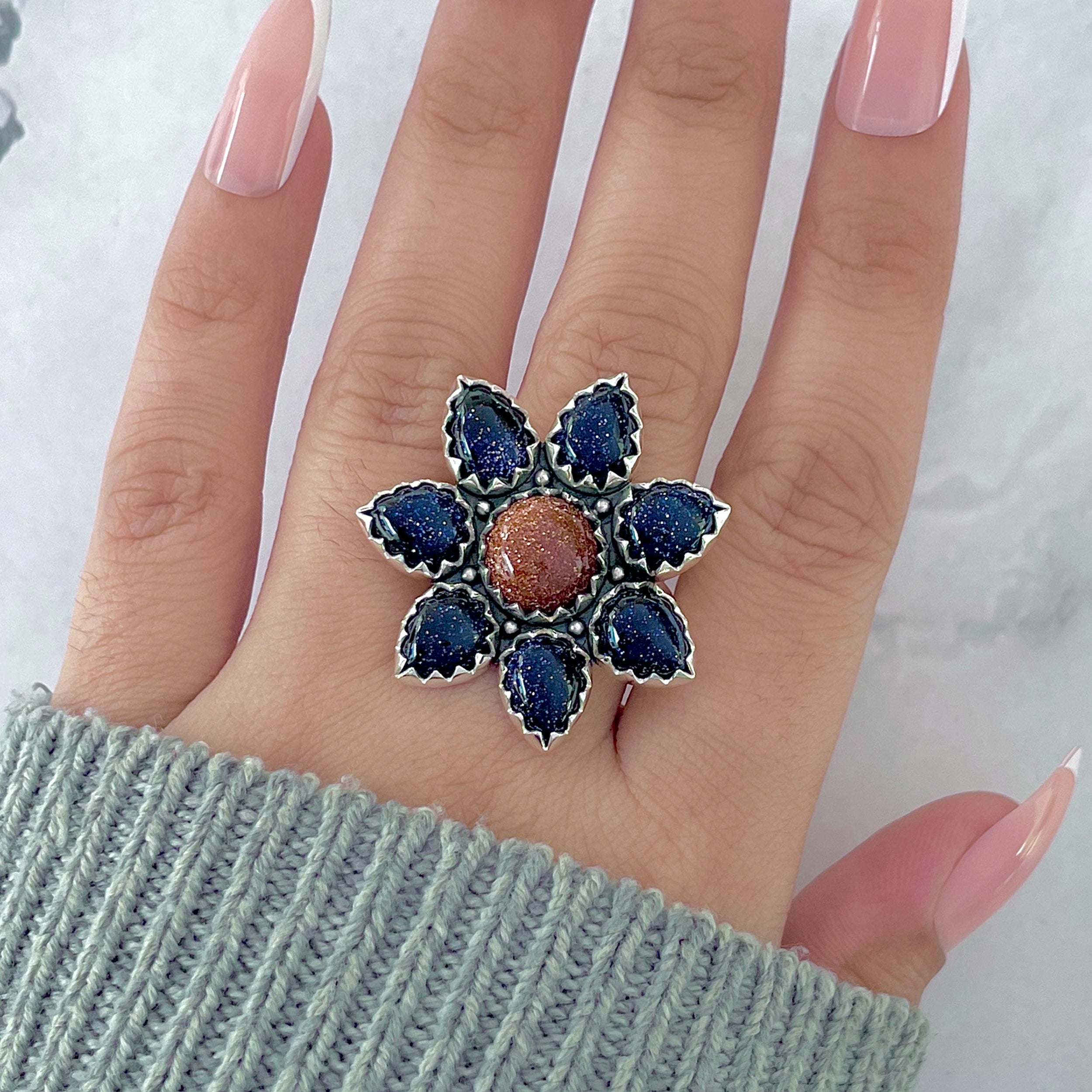 Sunstone (Orange) Flower Adjustable Ring-(SNT-FLR-1.)