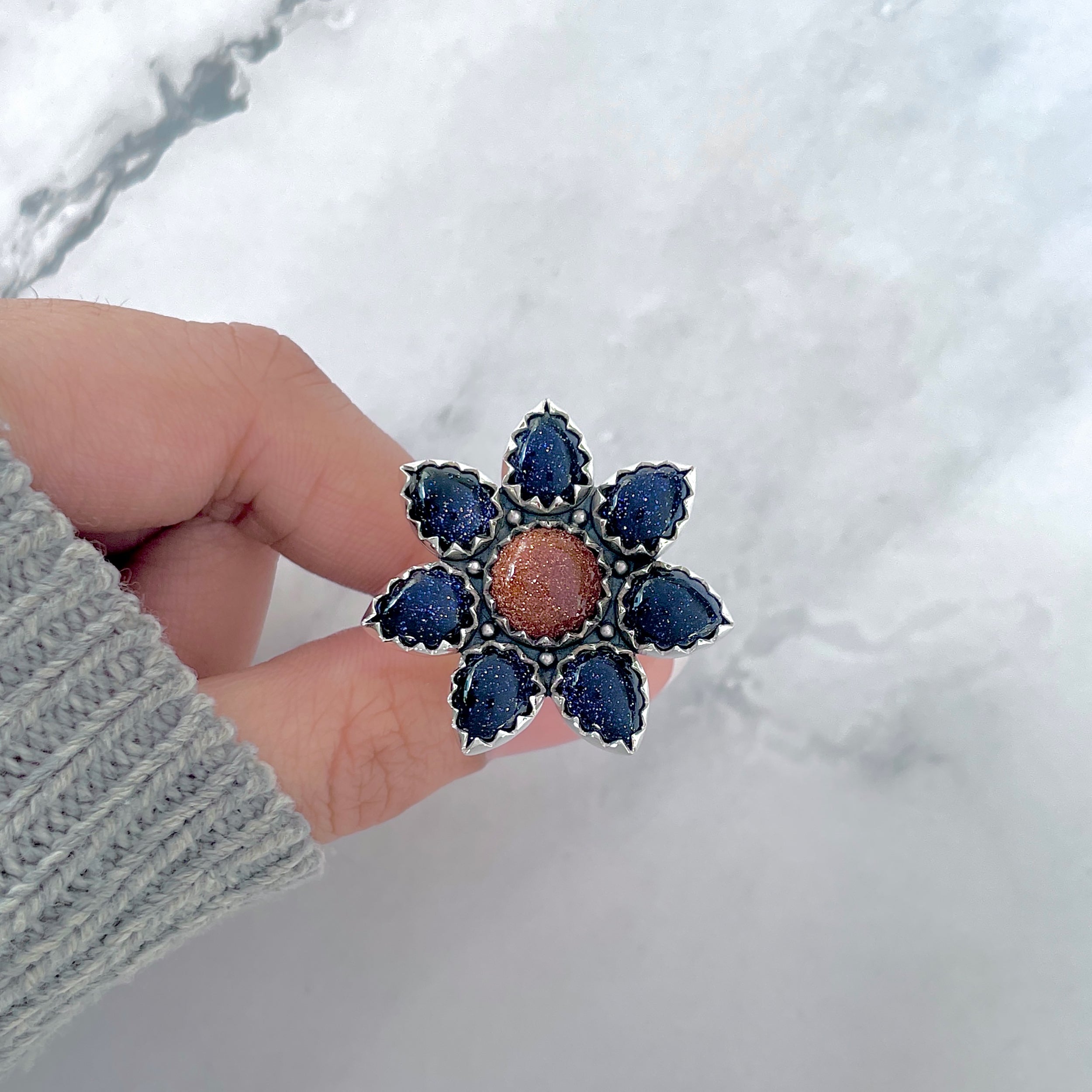 Sunstone (Orange) Flower Adjustable Ring-(SNT-FLR-1.)