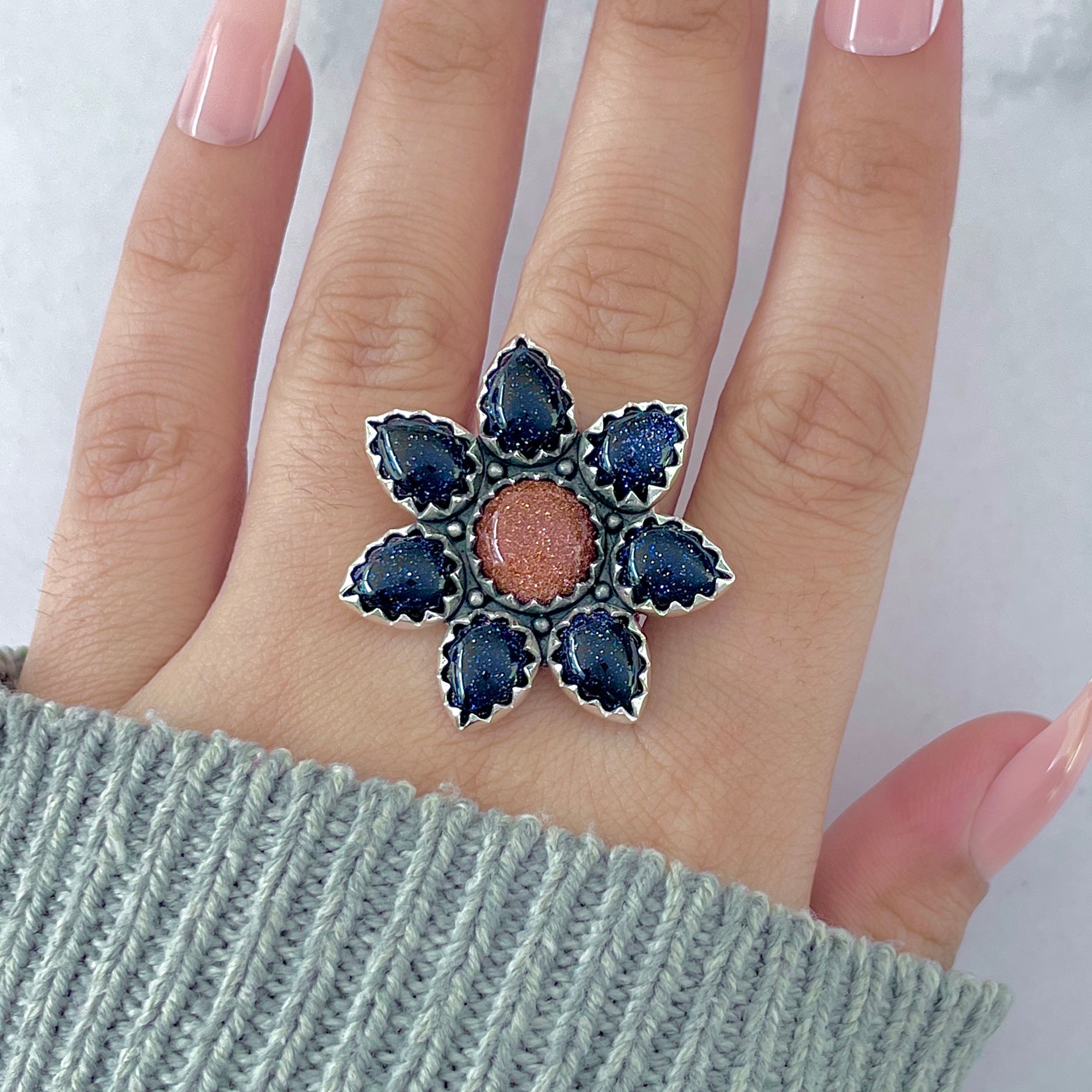 Sunstone (Orange) Flower Ring Size 7-(SNT-FLR-2.)
