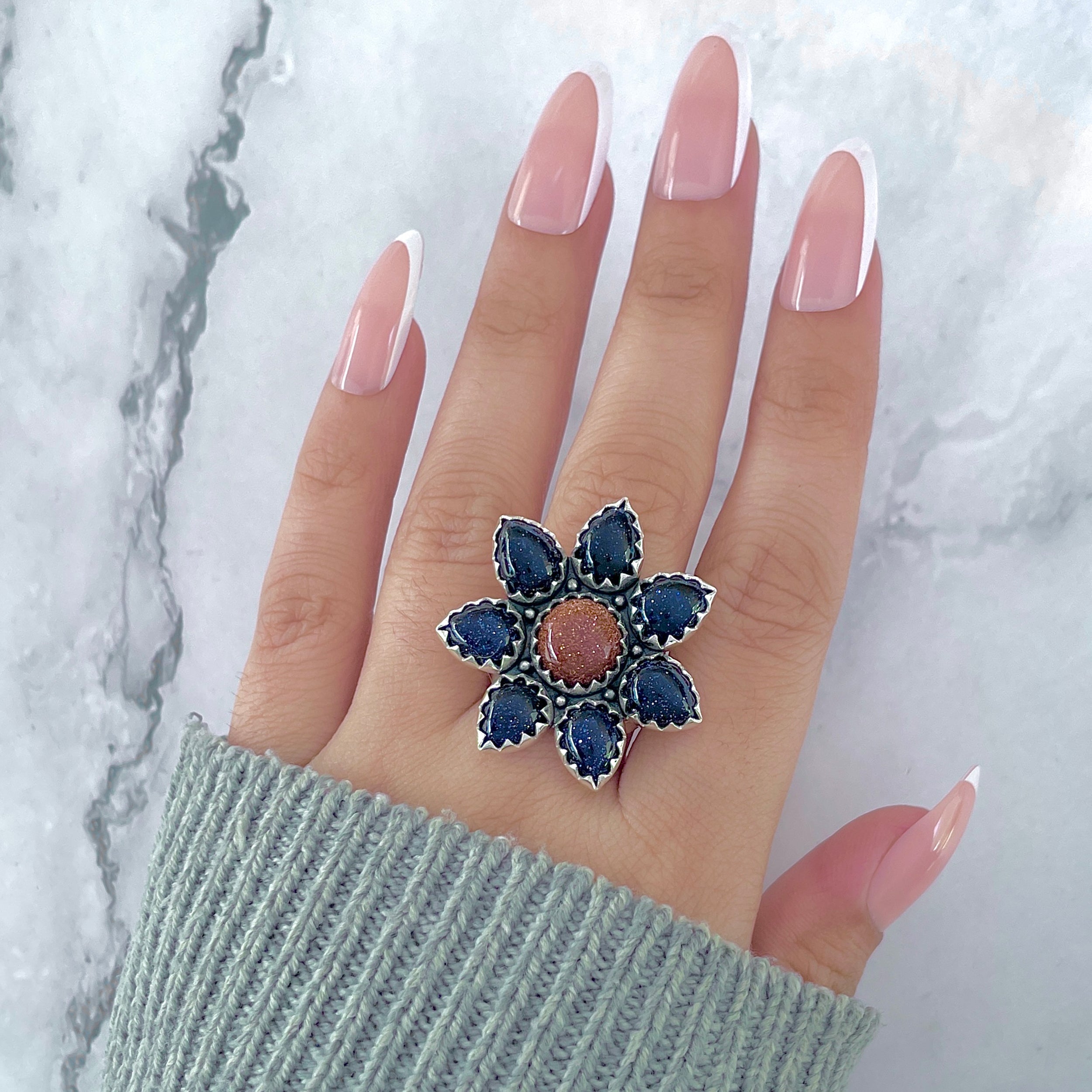 Sunstone (Orange) Flower Ring Size 8-(SNT-FLR-3.)