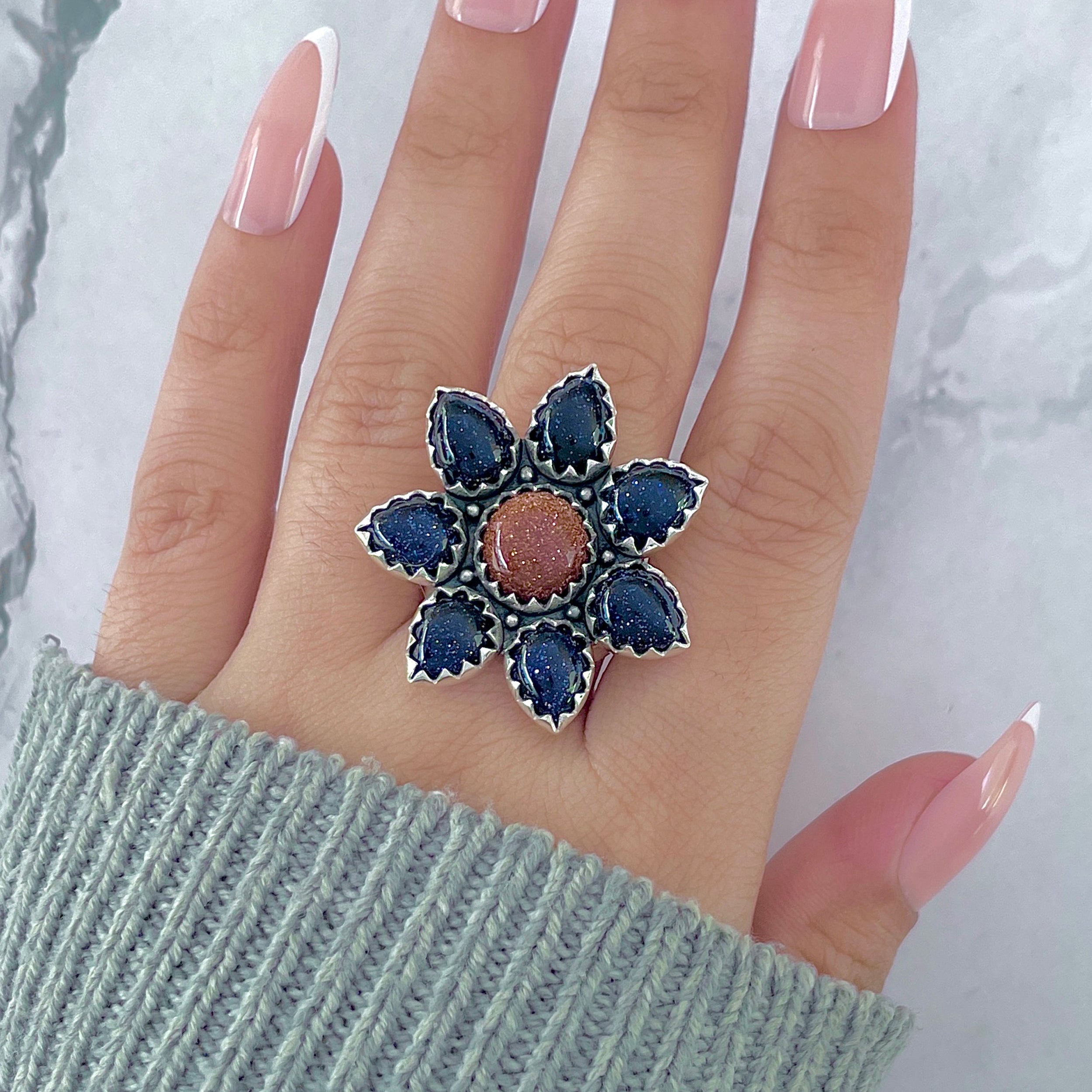 Sunstone (Orange) Flower Ring Size 8-(SNT-FLR-3.)