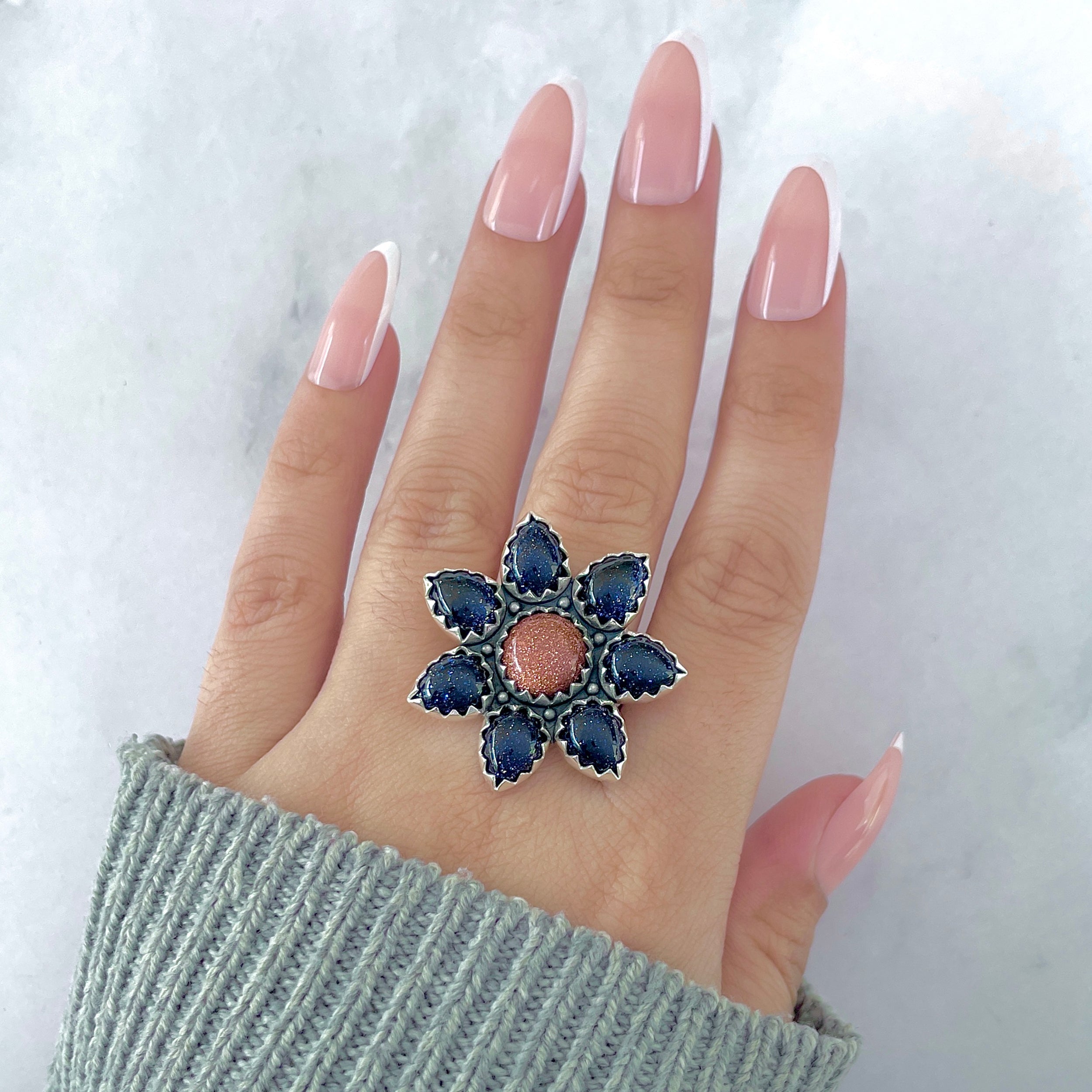 Sunstone (Orange) Flower Ring Size 9-(SNT-FLR-4.)