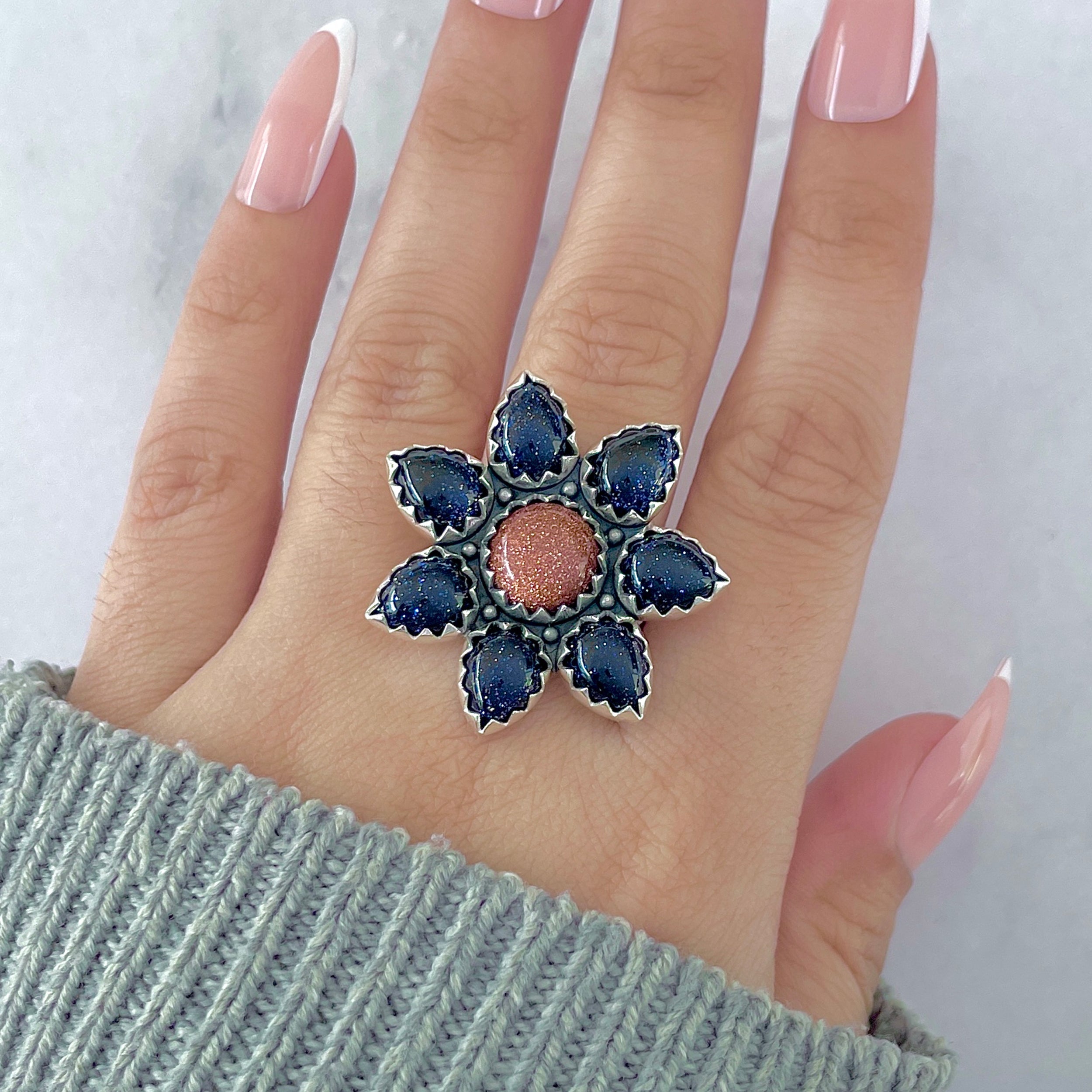 Sunstone (Orange) Flower Ring Size 9-(SNT-FLR-4.)