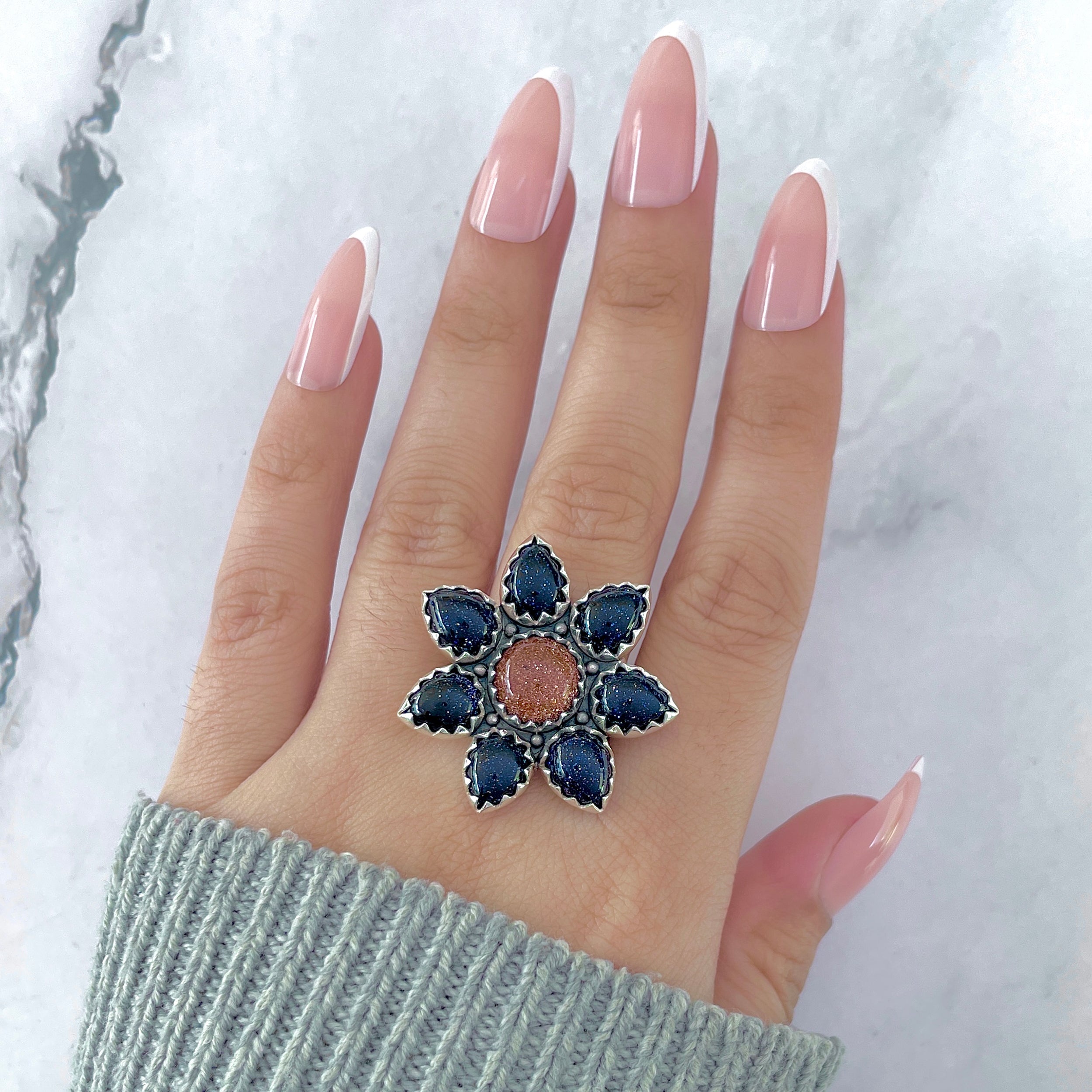 Sunstone (Orange) Flower Ring Size 10-(SNT-FLR-5.)