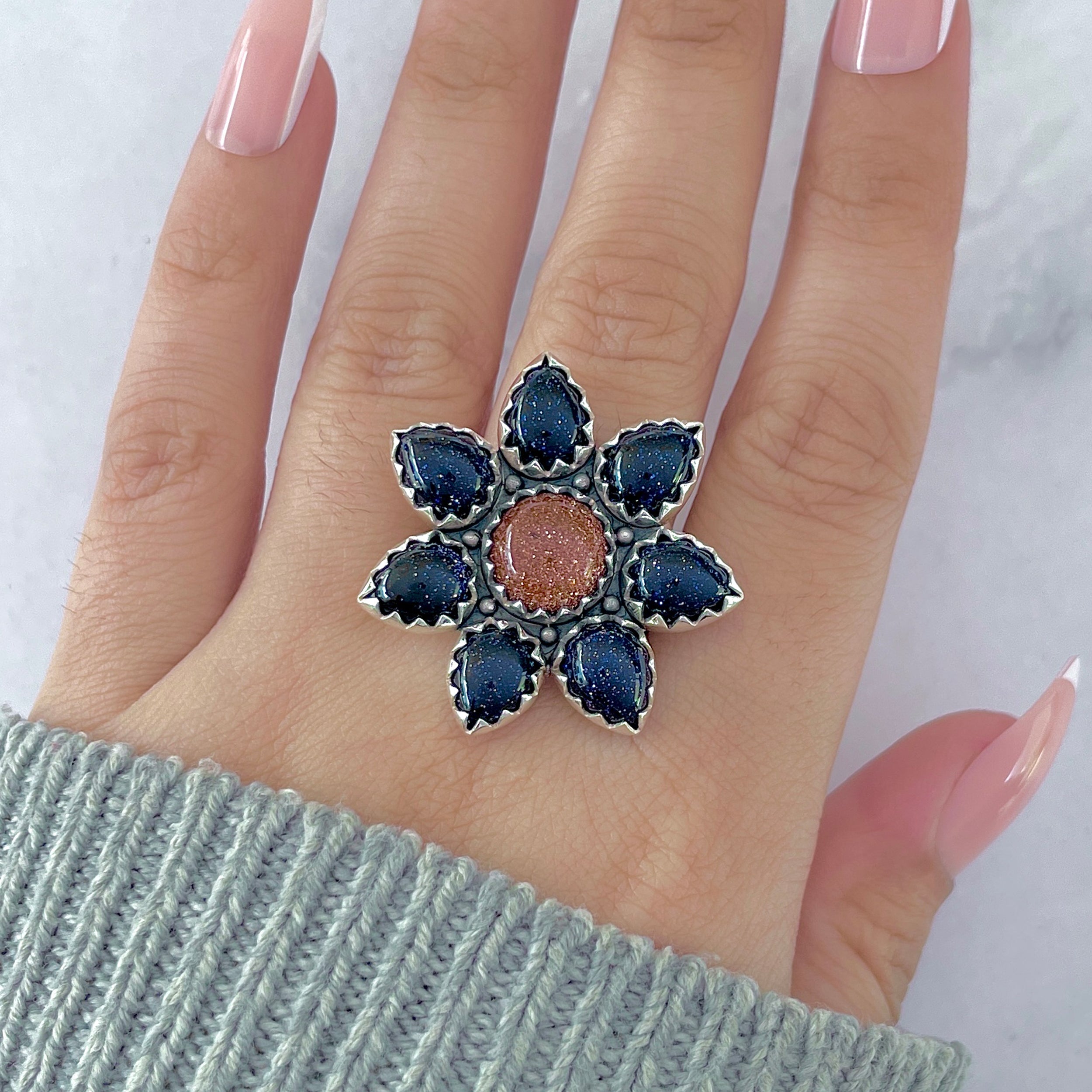 Sunstone (Orange) Flower Ring Size 10-(SNT-FLR-5.)