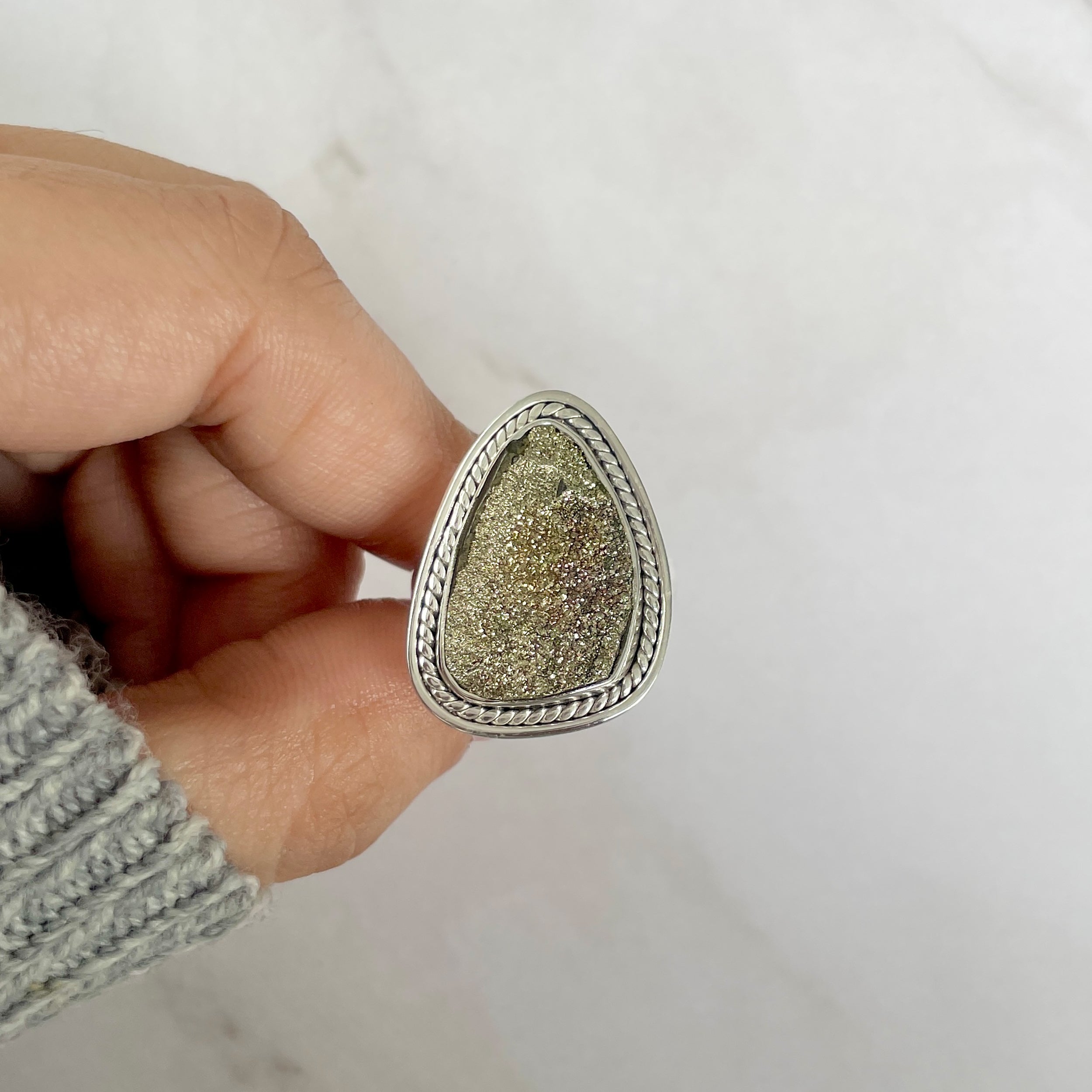 Spectropyrite Druzy Adjustable Ring-(SPD-R-51.)