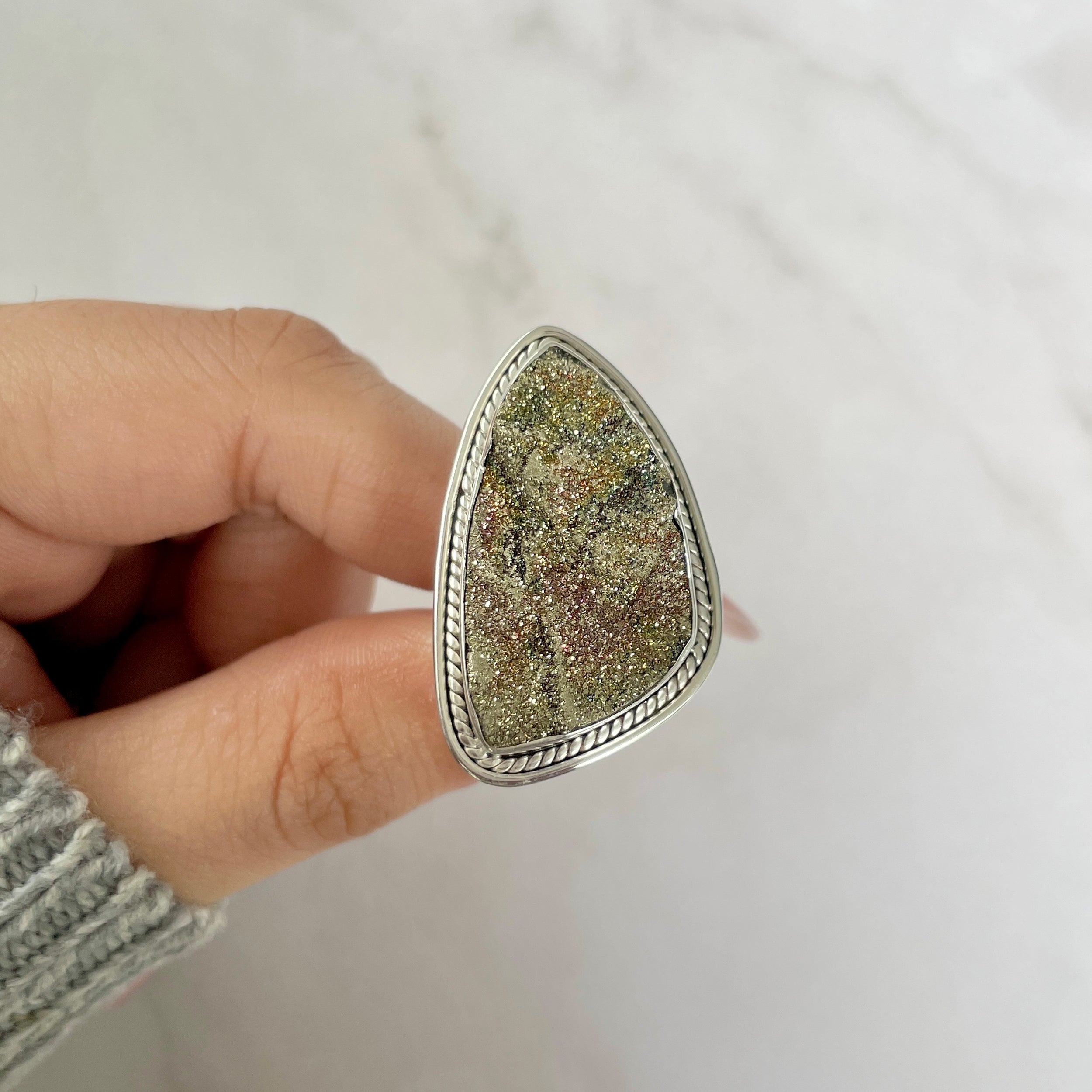 Spectropyrite Druzy Adjustable Ring-(SPD-R-55.)