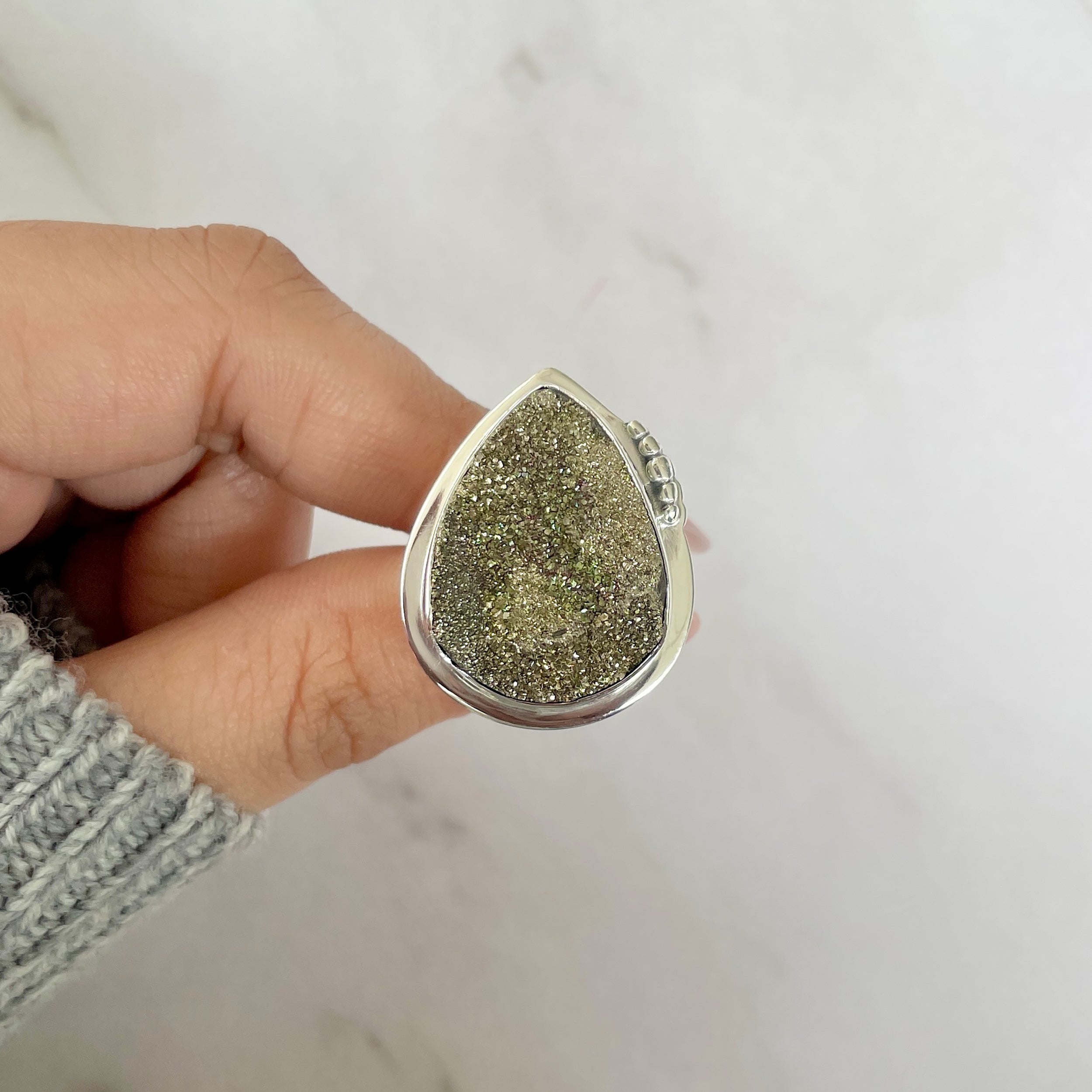 Spectropyrite Druzy Adjustable Ring-(SPD-R-57.)
