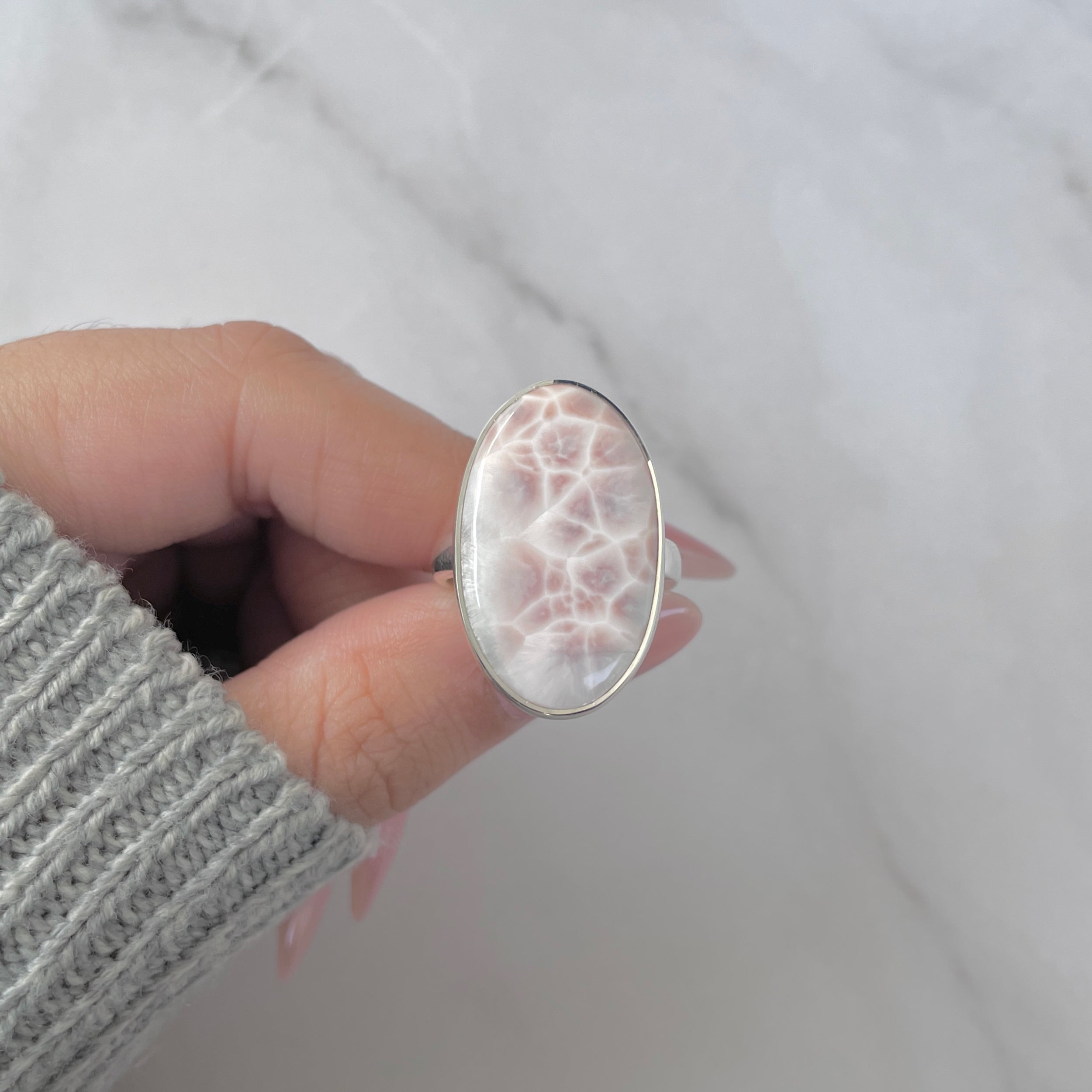 Natural Pink Natrolite / Thomsonite Adjustable Ring-(THS-R-58.)