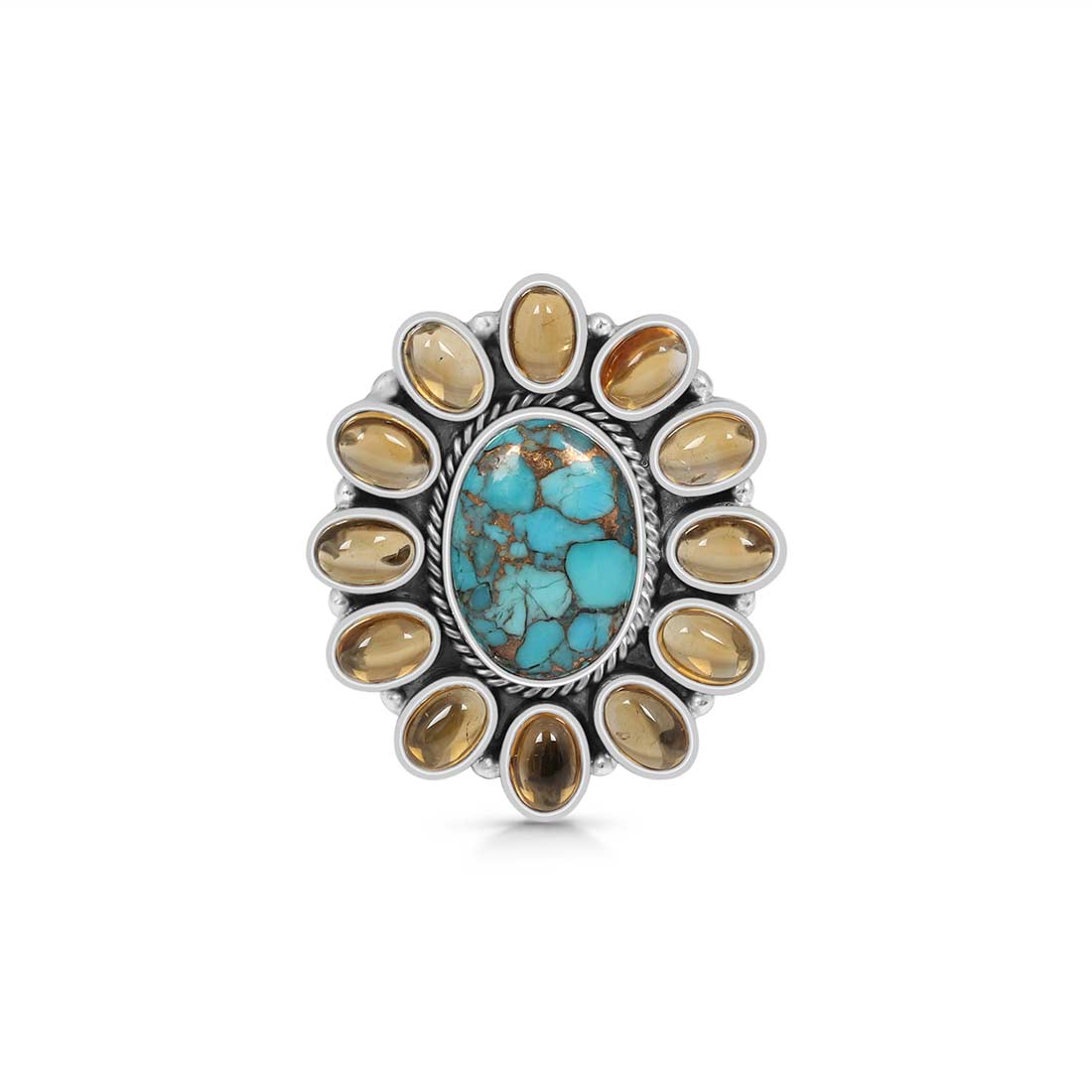 Copper Turquoise And Citrine Flower Adjustable Ring-(TRC-FLR-1.)