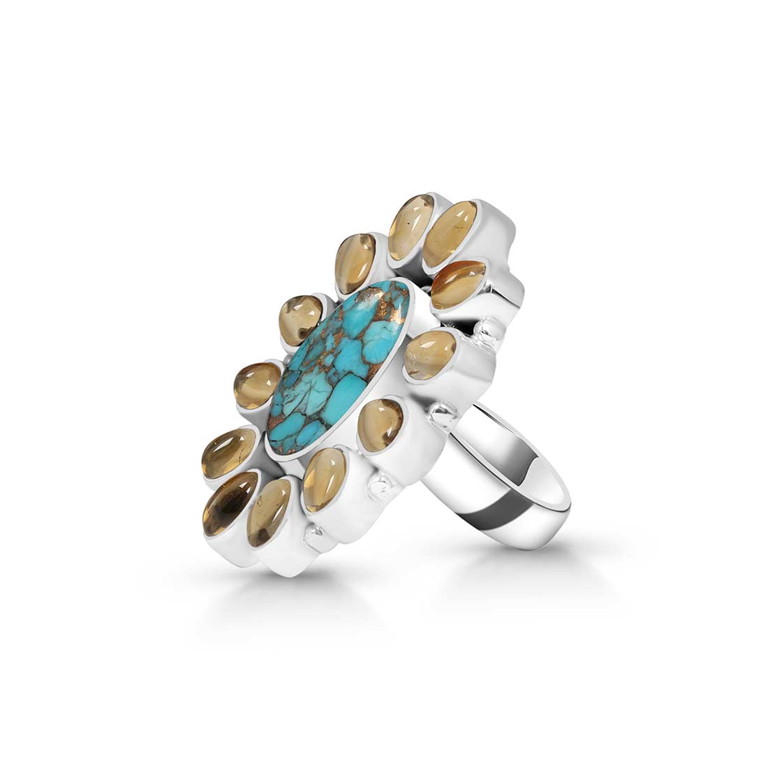 Copper Turquoise And Citrine Flower Adjustable Ring-(TRC-FLR-1.)