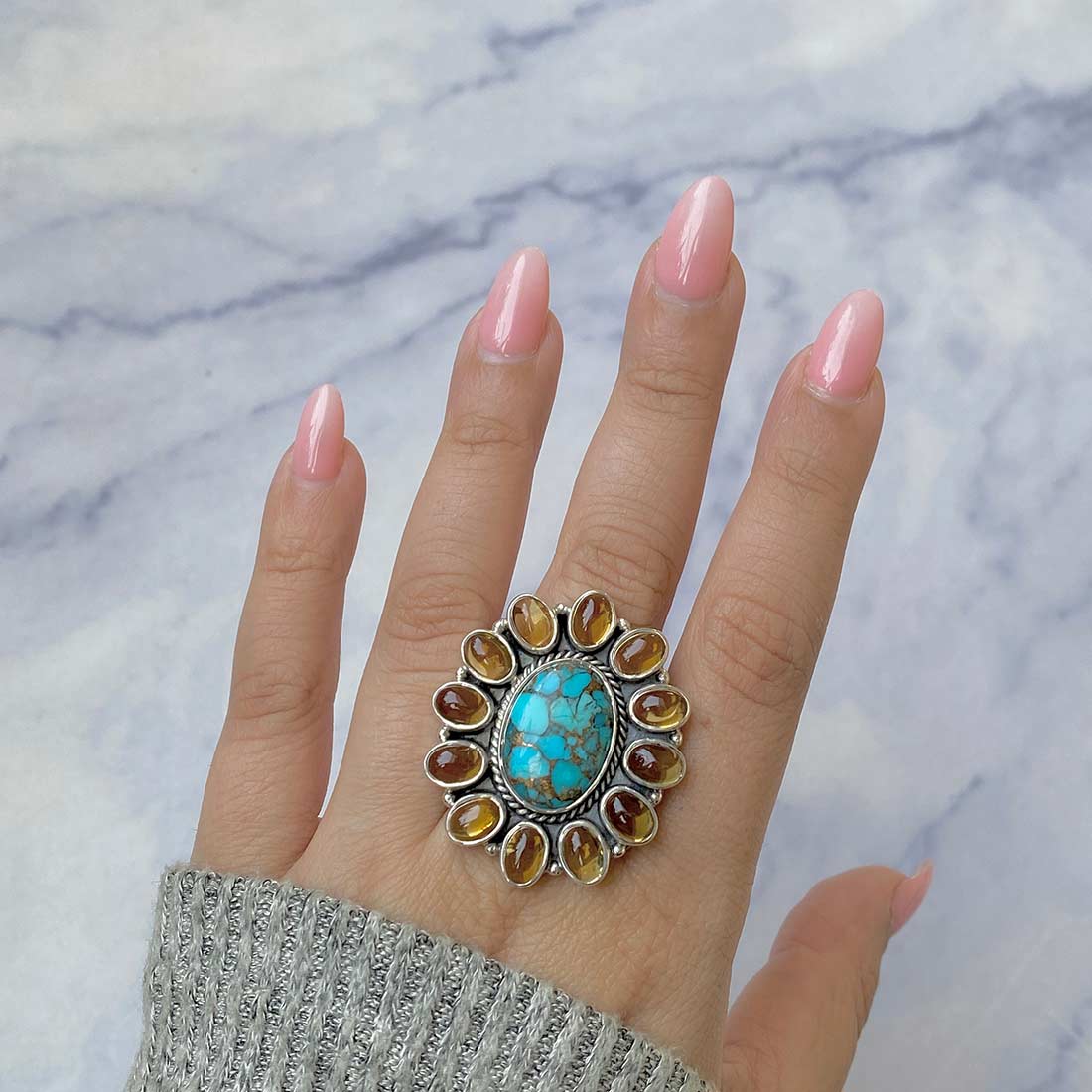 Copper Turquoise And Citrine Flower Adjustable Ring-(TRC-FLR-1.)