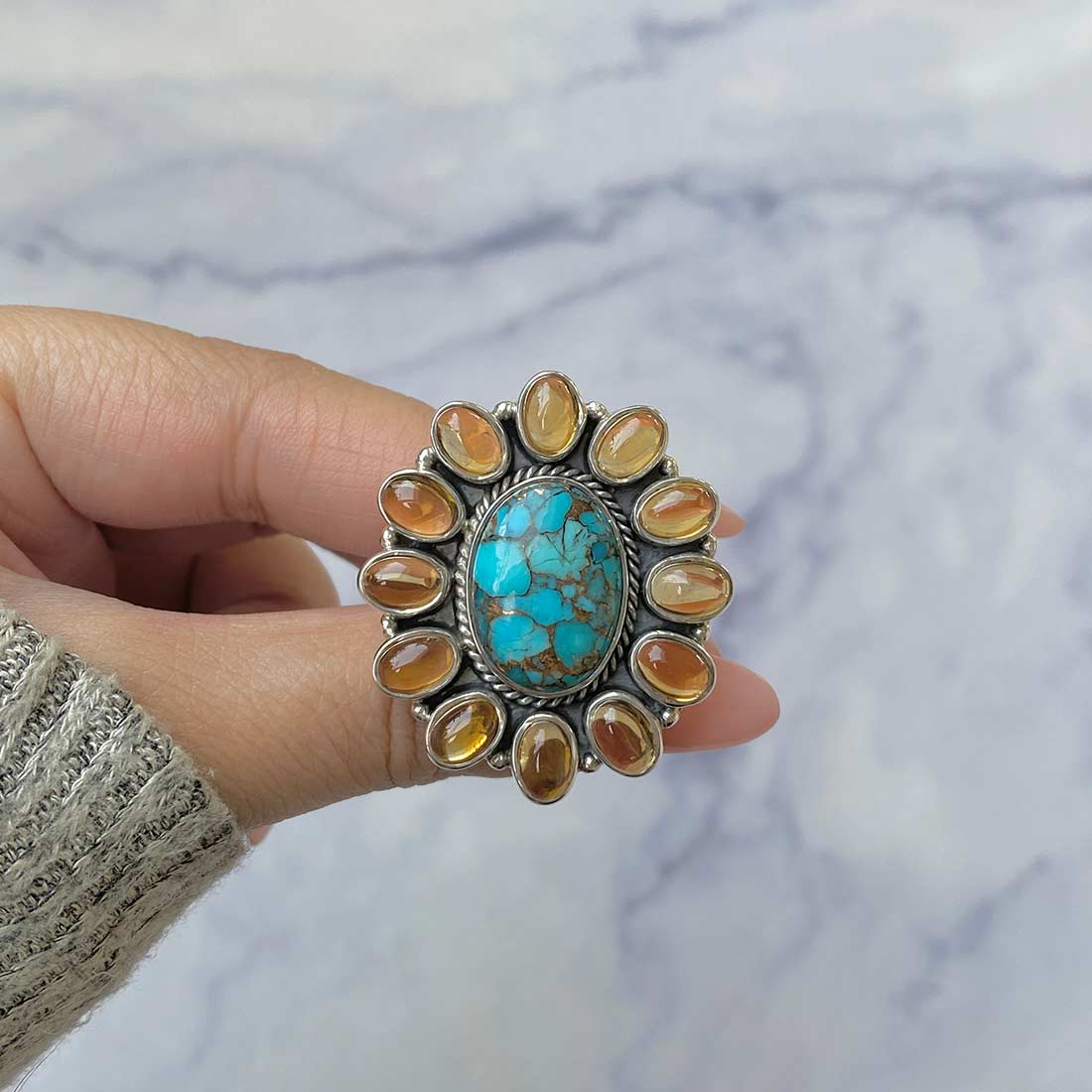 Copper Turquoise And Citrine Flower Adjustable Ring-(TRC-FLR-1.)