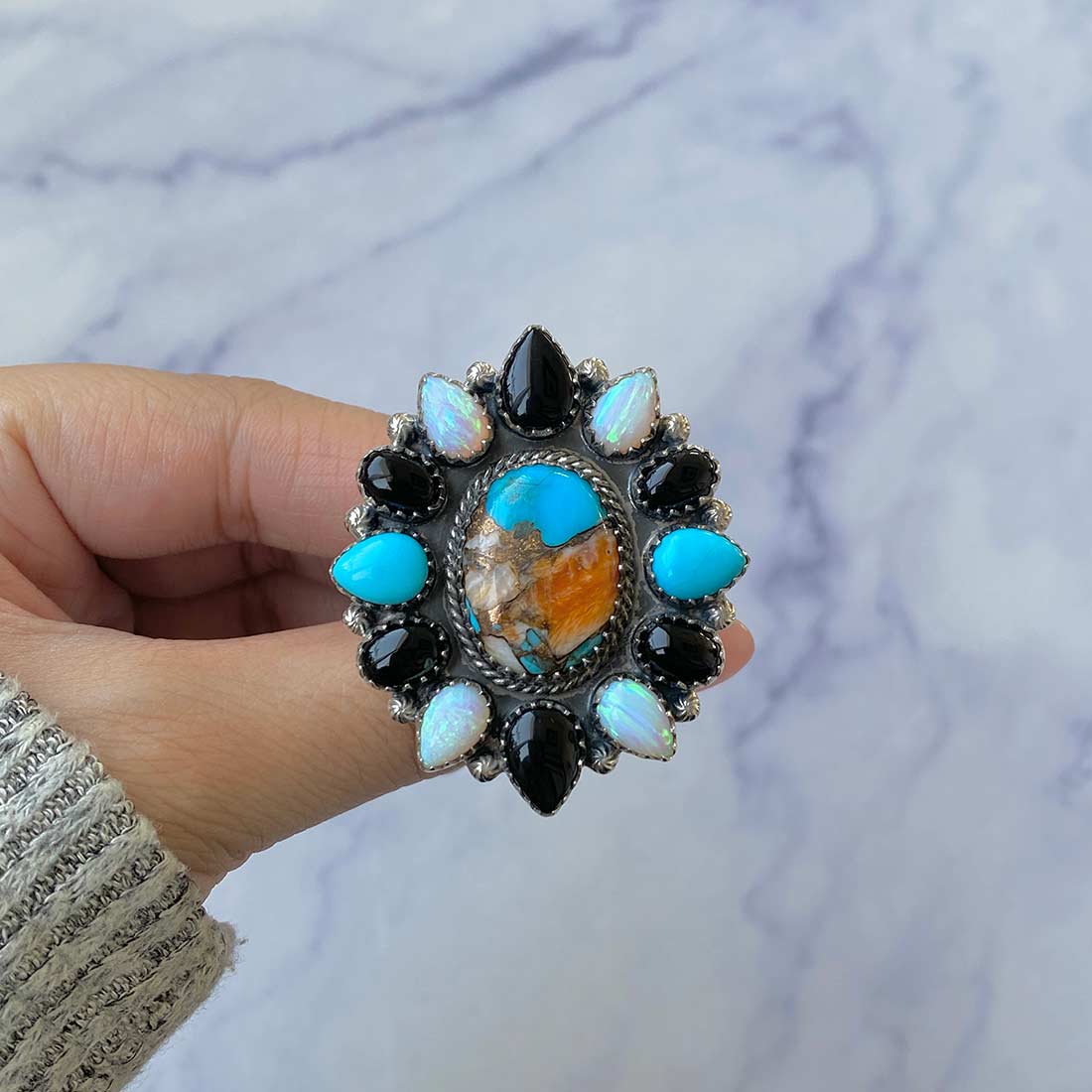 Turquoise And Aurora Opal Adjustable Ring-(TRO-FLR-6.)