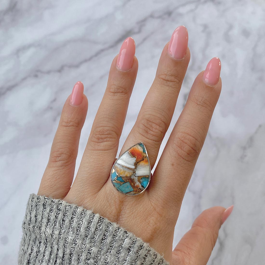 Spiny Oyster Turquoise Adjustable Ring-(TRO-R-2.)