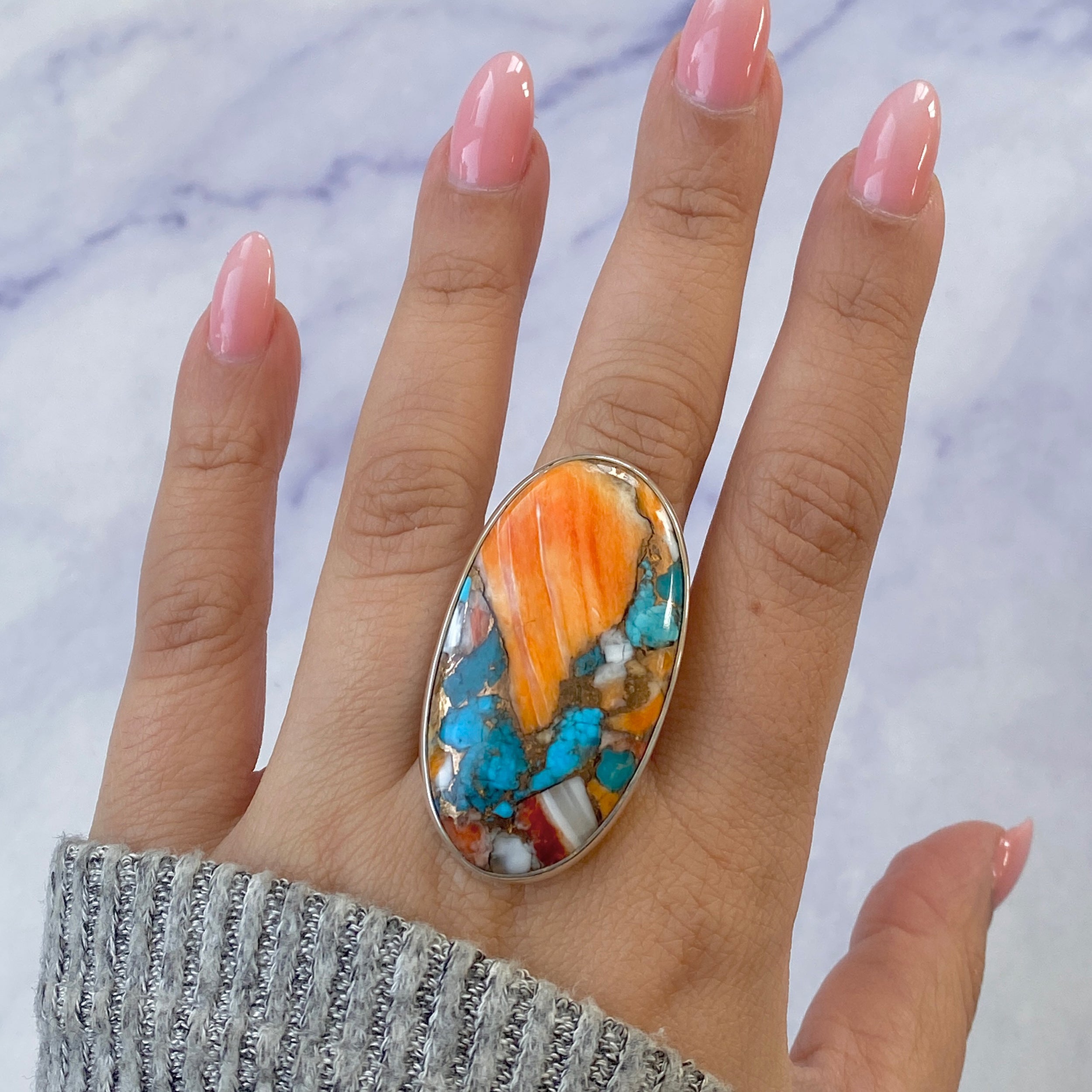 Spiny Oyster Turquoise Adjustable Ring-(TRO-R-39.)