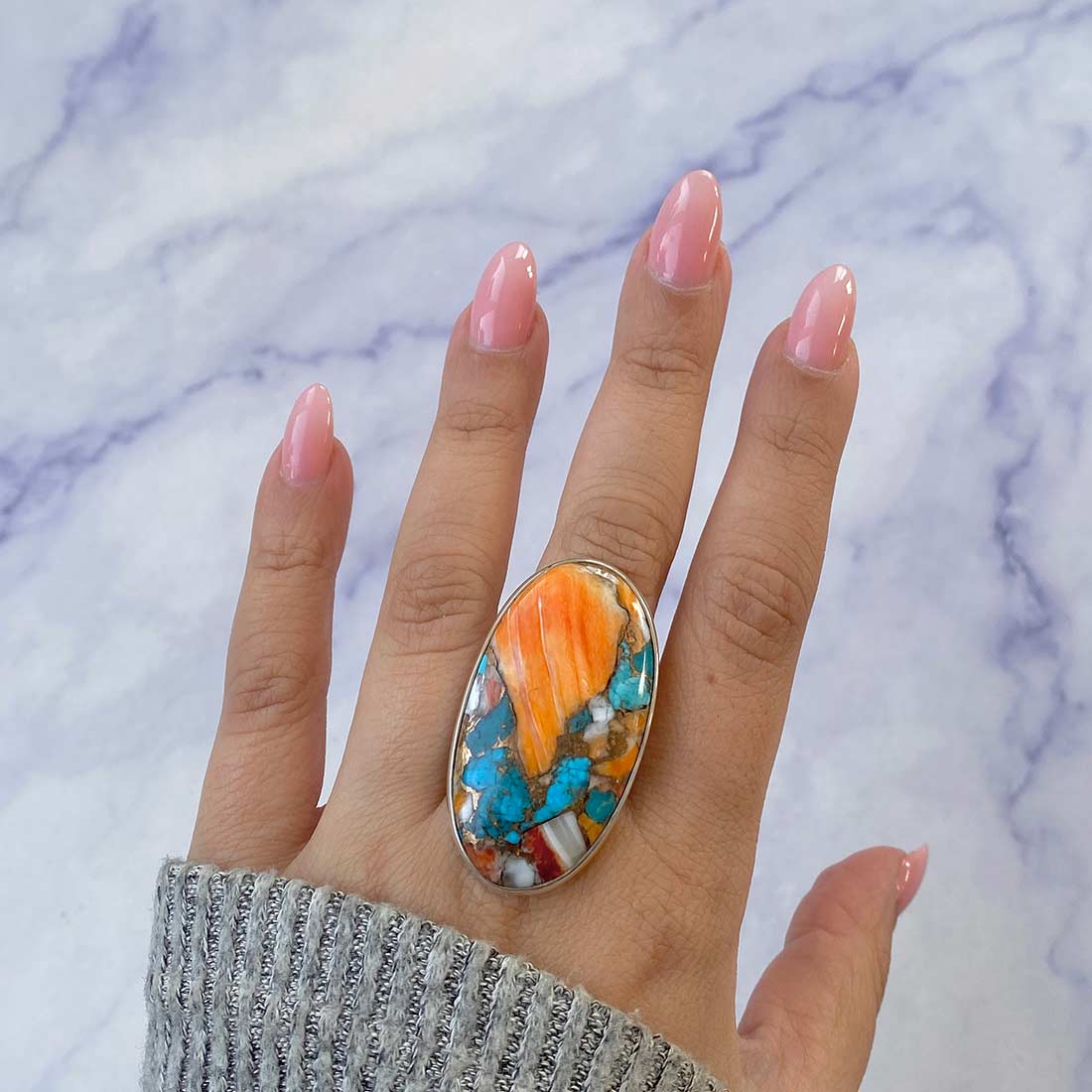 Spiny Oyster Turquoise Adjustable Ring-(TRO-R-39.)