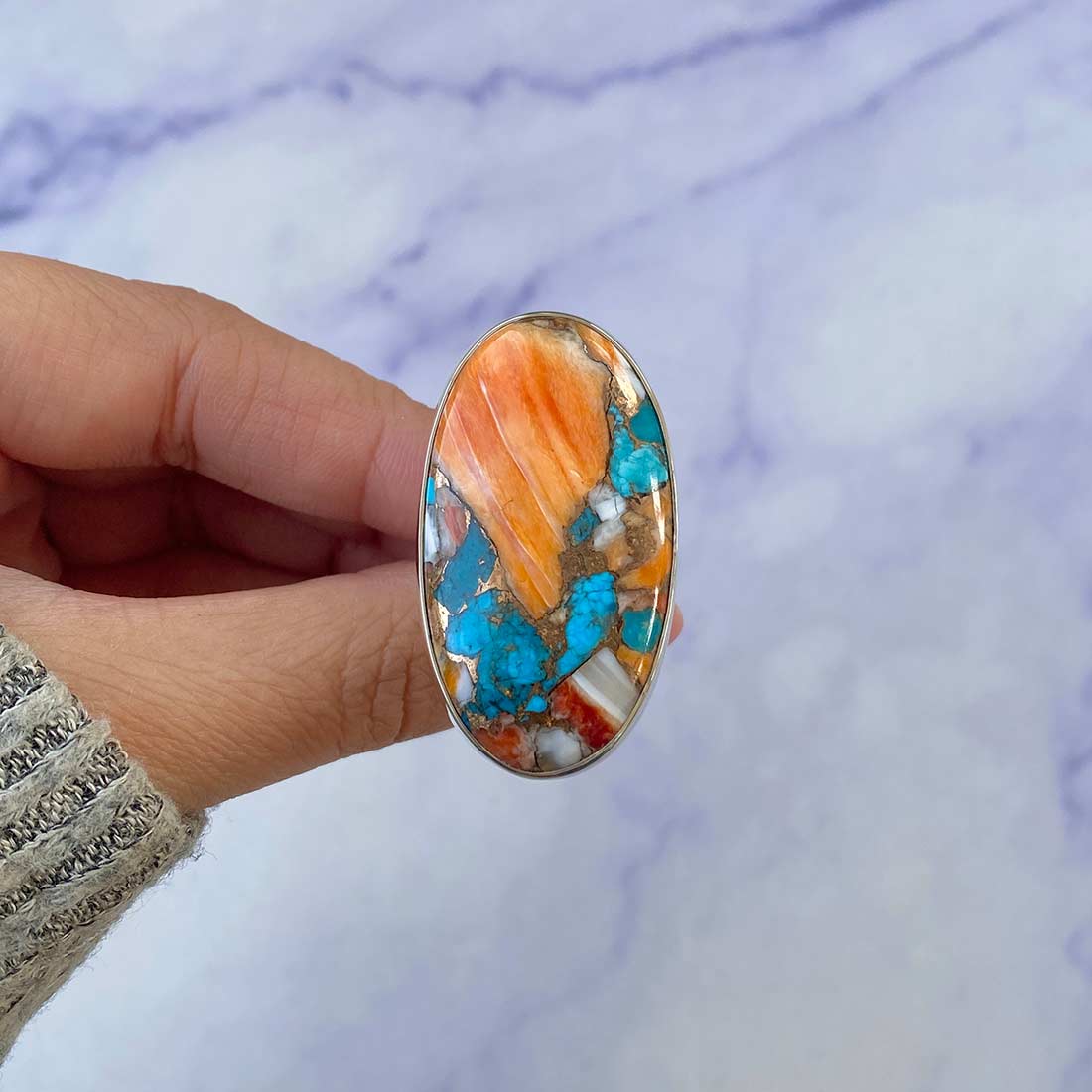 Spiny Oyster Turquoise Adjustable Ring-(TRO-R-39.)
