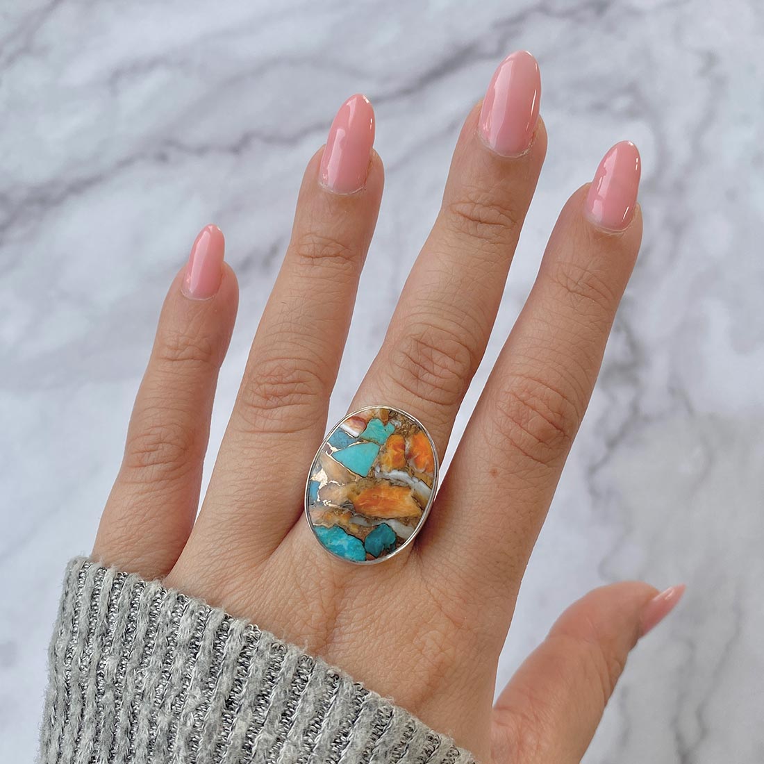 Spiny Oyster Turquoise Adjustable Ring-(TRO-R-4.)