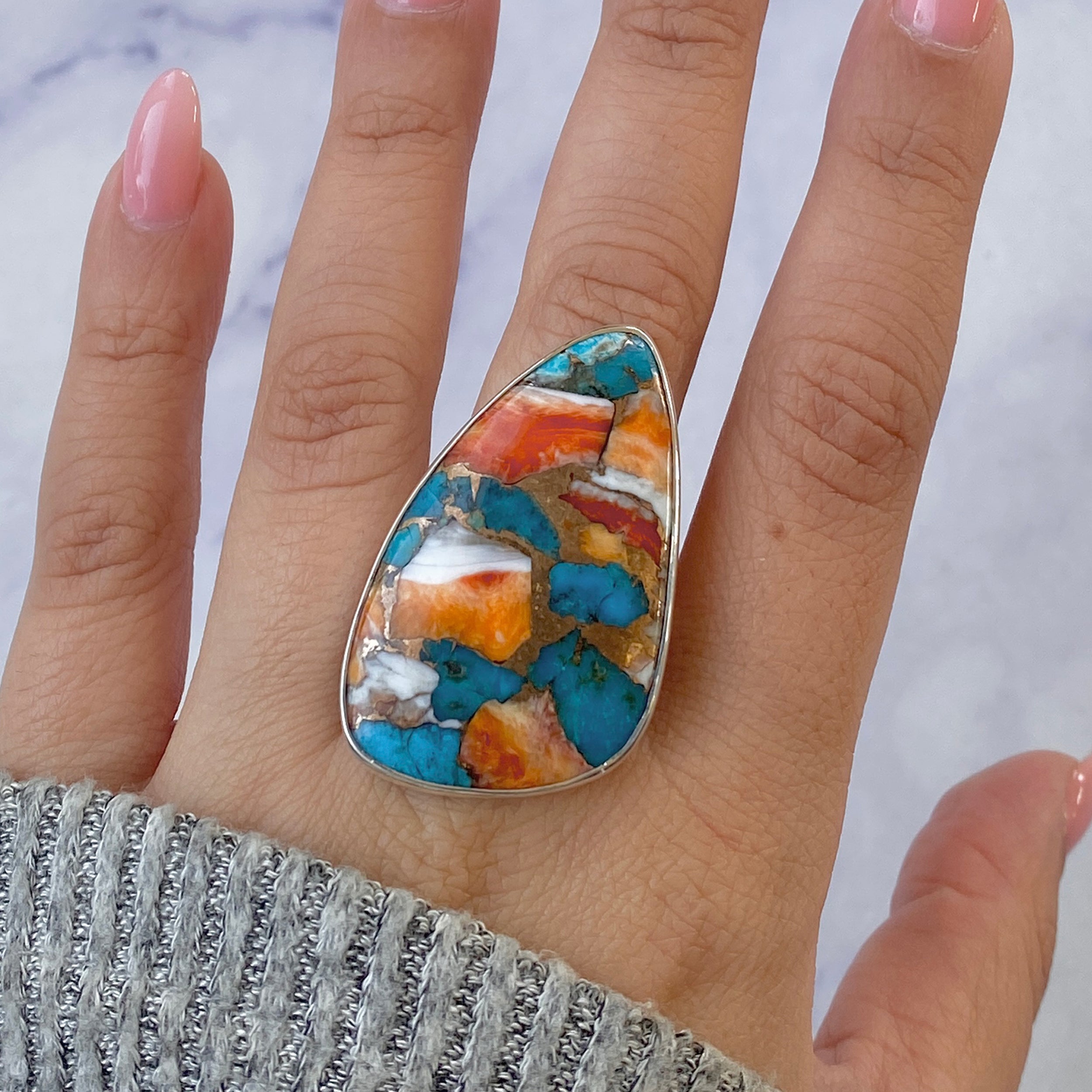 Spiny Oyster Turquoise Adjustable Ring-(TRO-R-41.)