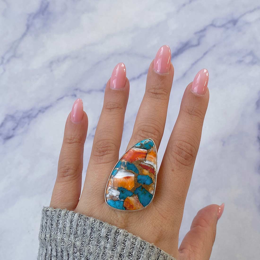 Spiny Oyster Turquoise Adjustable Ring-(TRO-R-41.)