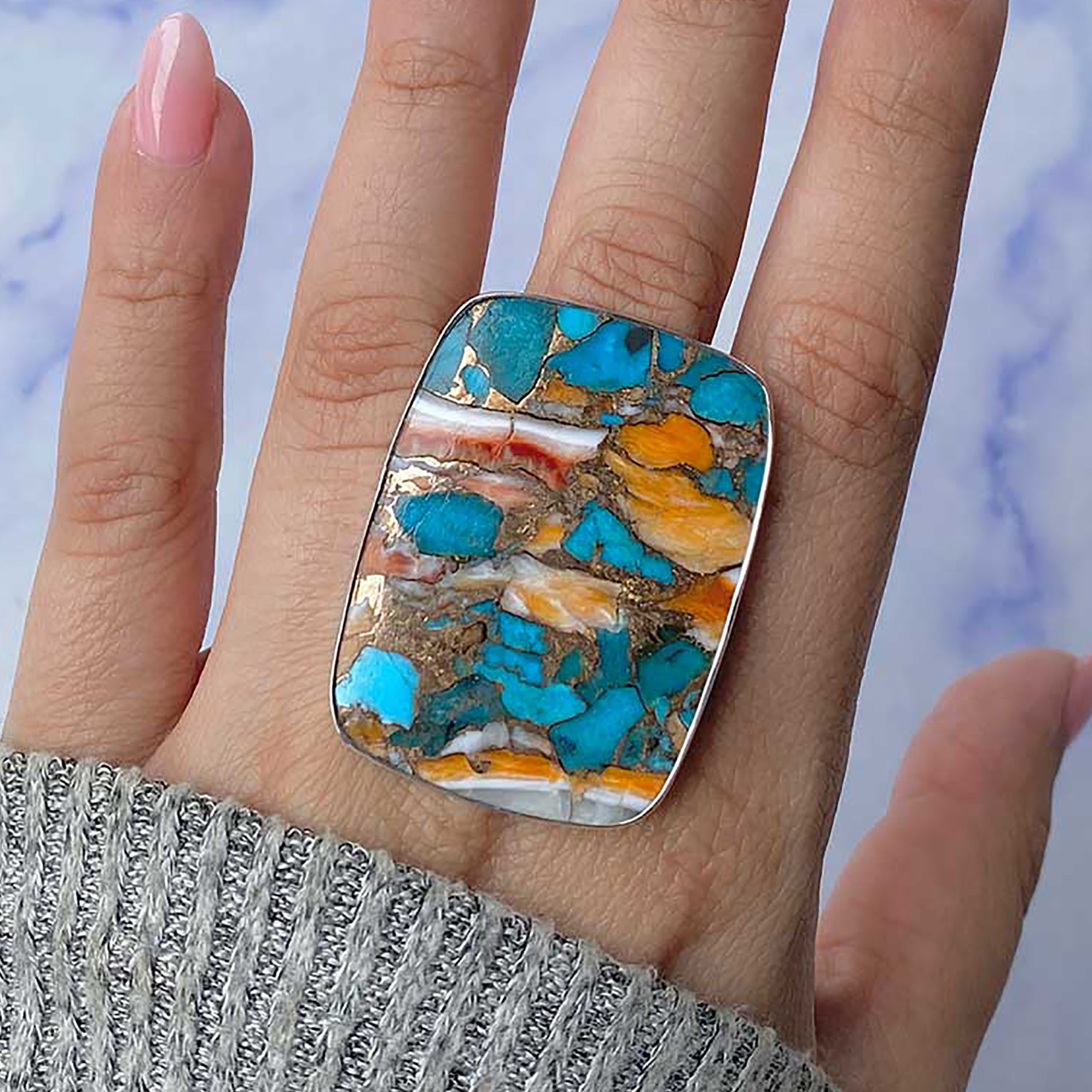 Spiny Oyster Turquoise Adjustable Ring-(TRO-R-48.)
