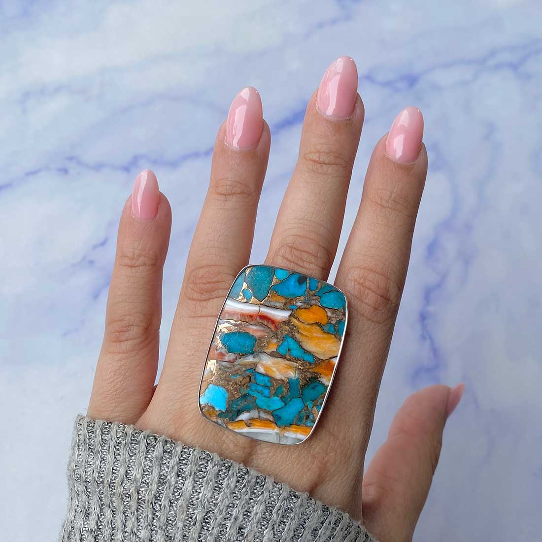 Spiny Oyster Turquoise Adjustable Ring-(TRO-R-48.)