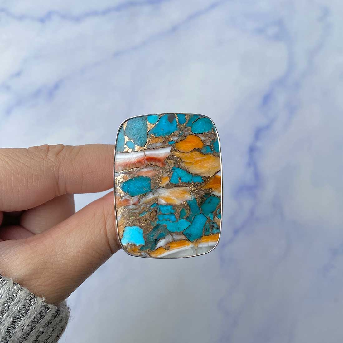 Spiny Oyster Turquoise Adjustable Ring-(TRO-R-48.)