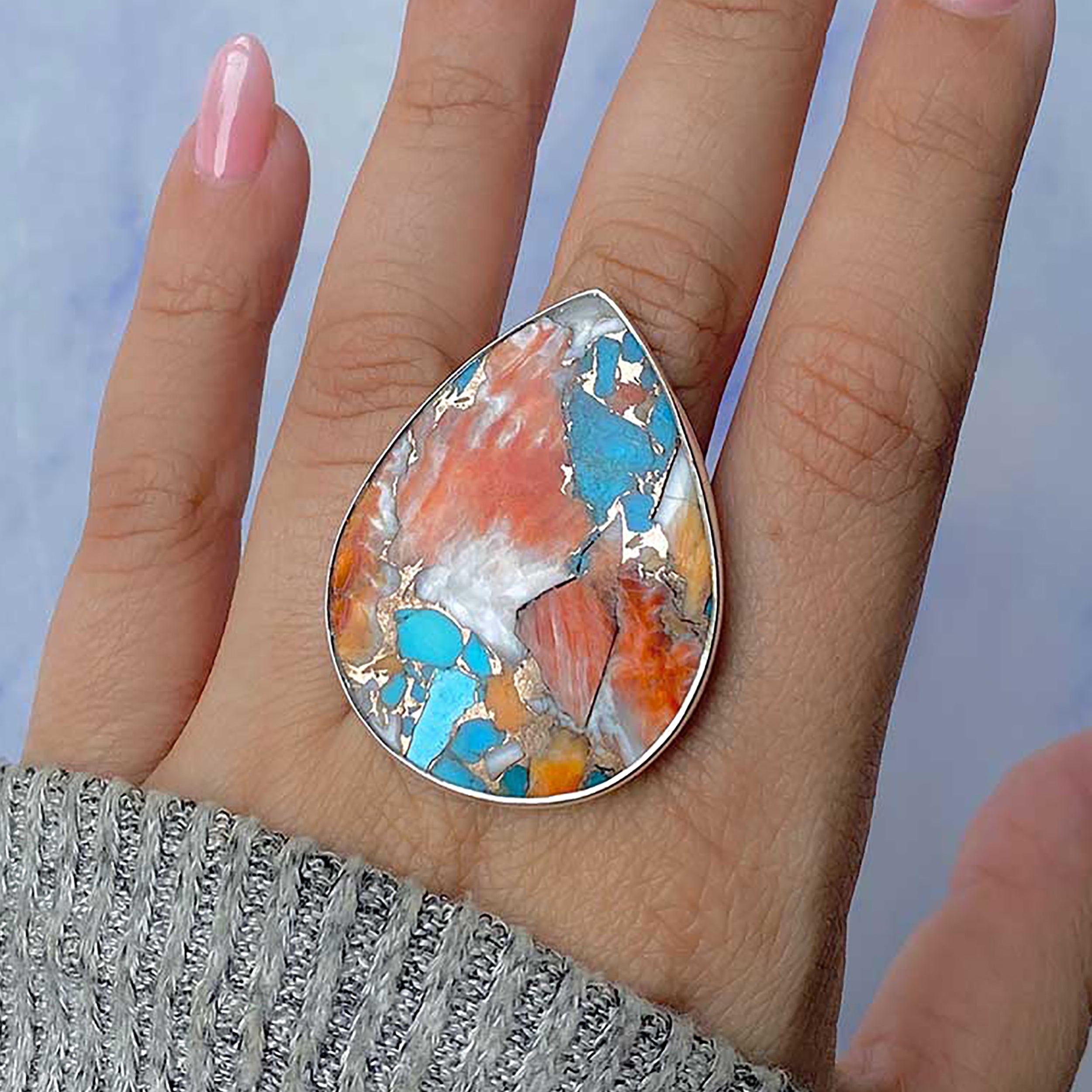 Spiny Oyster Turquoise Adjustable Ring-(TRO-R-50.)