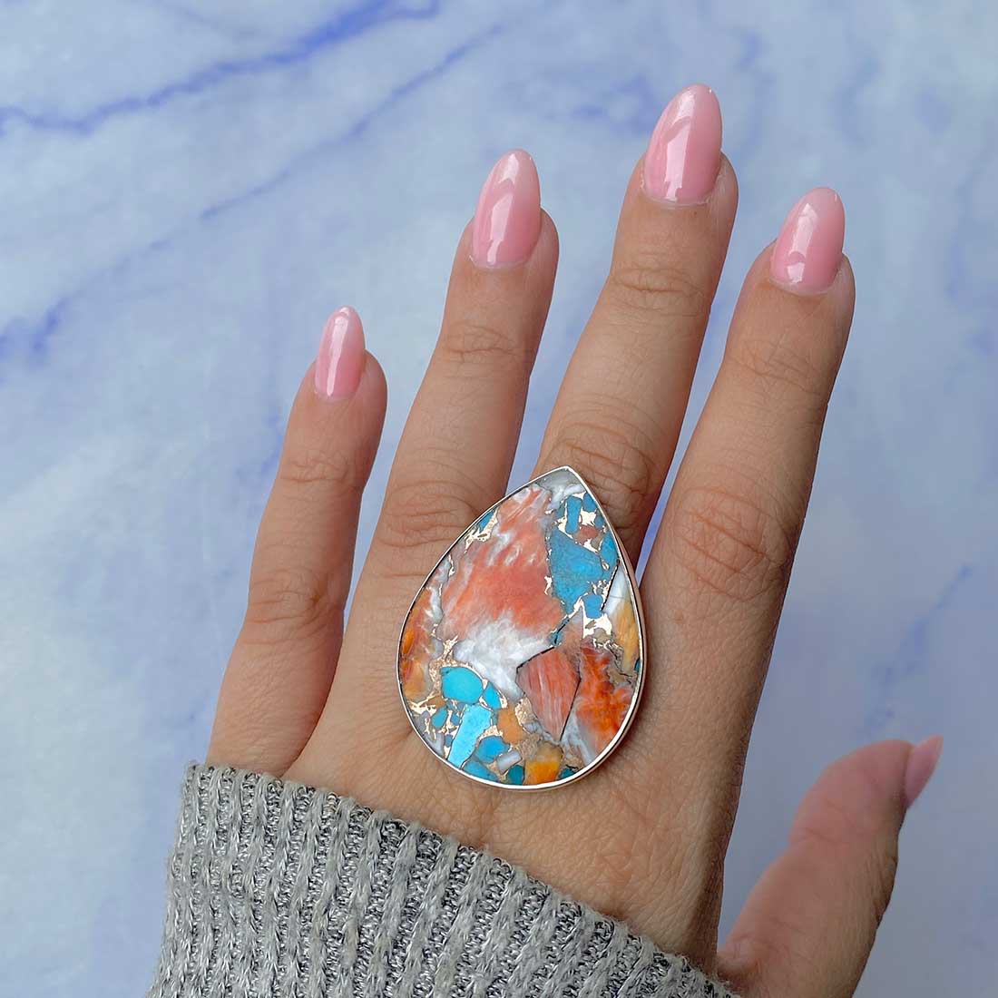 Spiny Oyster Turquoise Adjustable Ring-(TRO-R-50.)