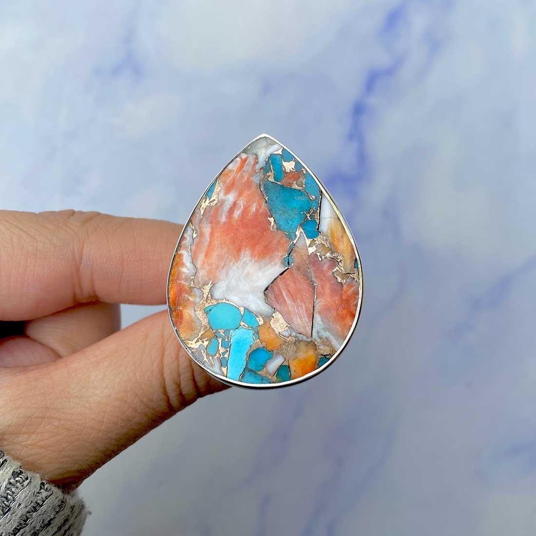 Spiny Oyster Turquoise Adjustable Ring-(TRO-R-50.)