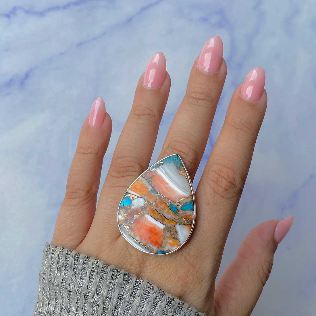 Spiny Oyster Turquoise Adjustable Ring-(TRO-R-51.)