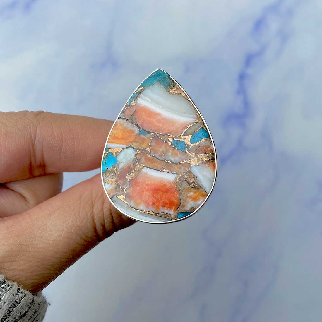 Spiny Oyster Turquoise Adjustable Ring-(TRO-R-51.)