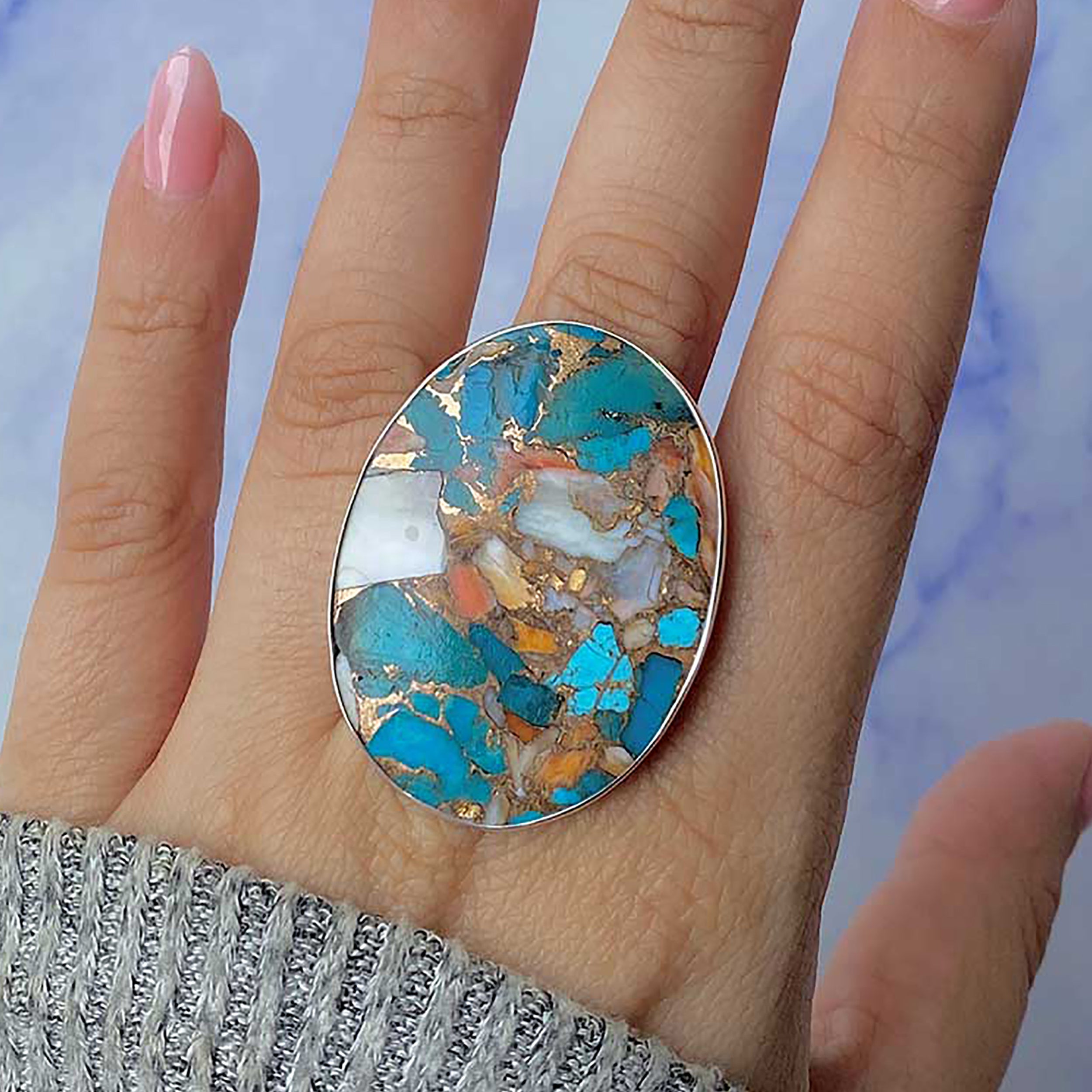 Spiny Oyster Turquoise Adjustable Ring-(TRO-R-52.)