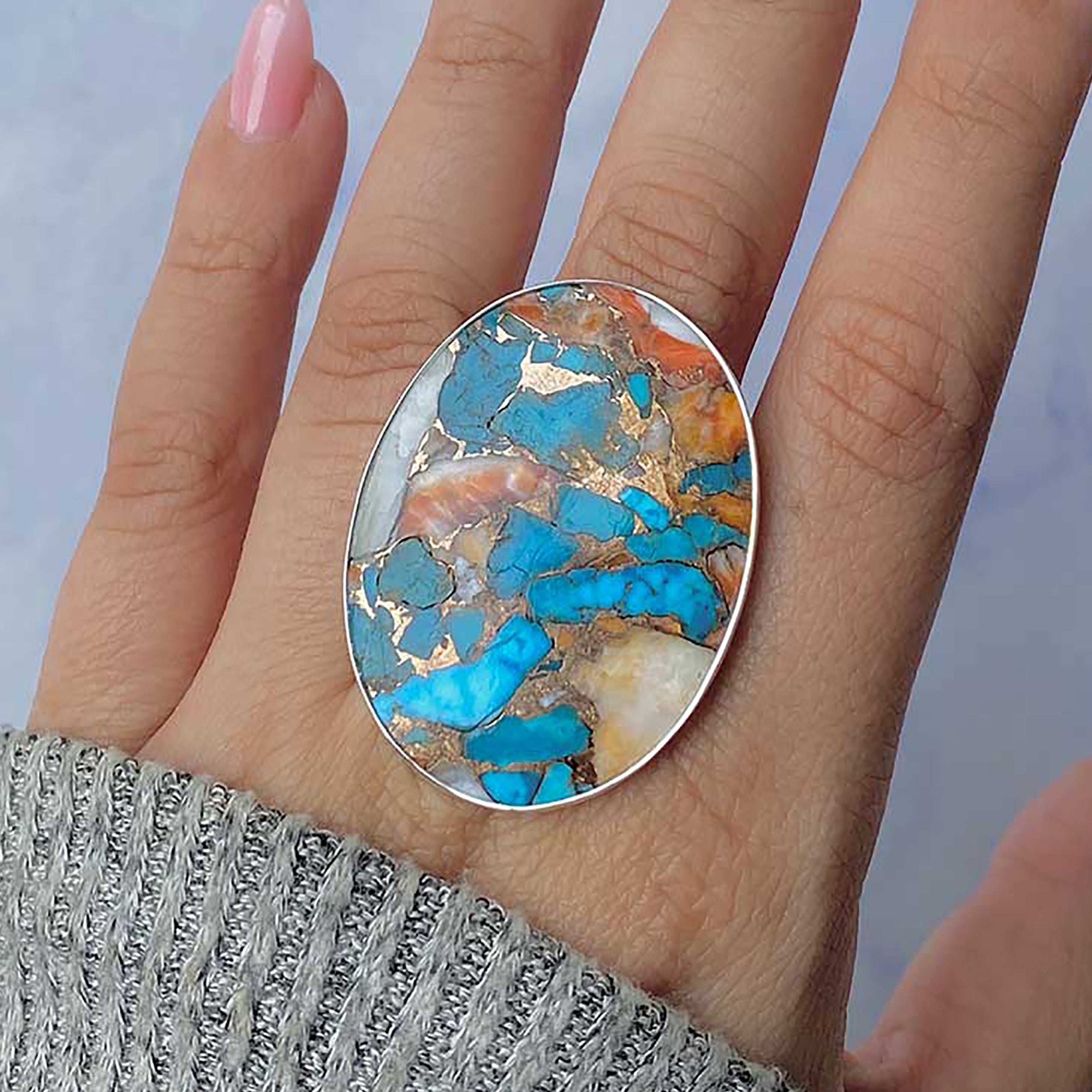 Spiny Oyster Turquoise Adjustable Ring-(TRO-R-53.)