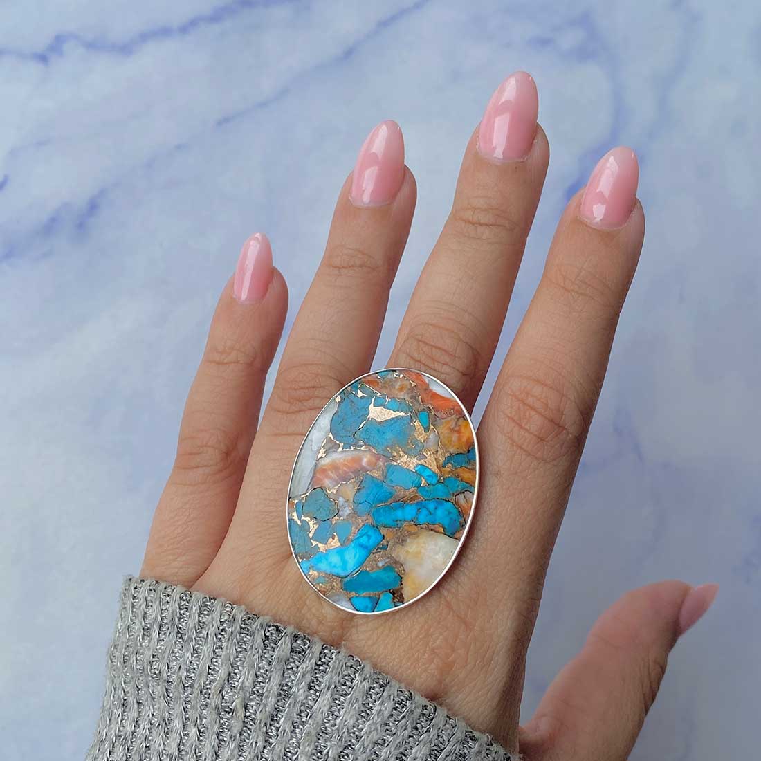 Spiny Oyster Turquoise Adjustable Ring-(TRO-R-53.)