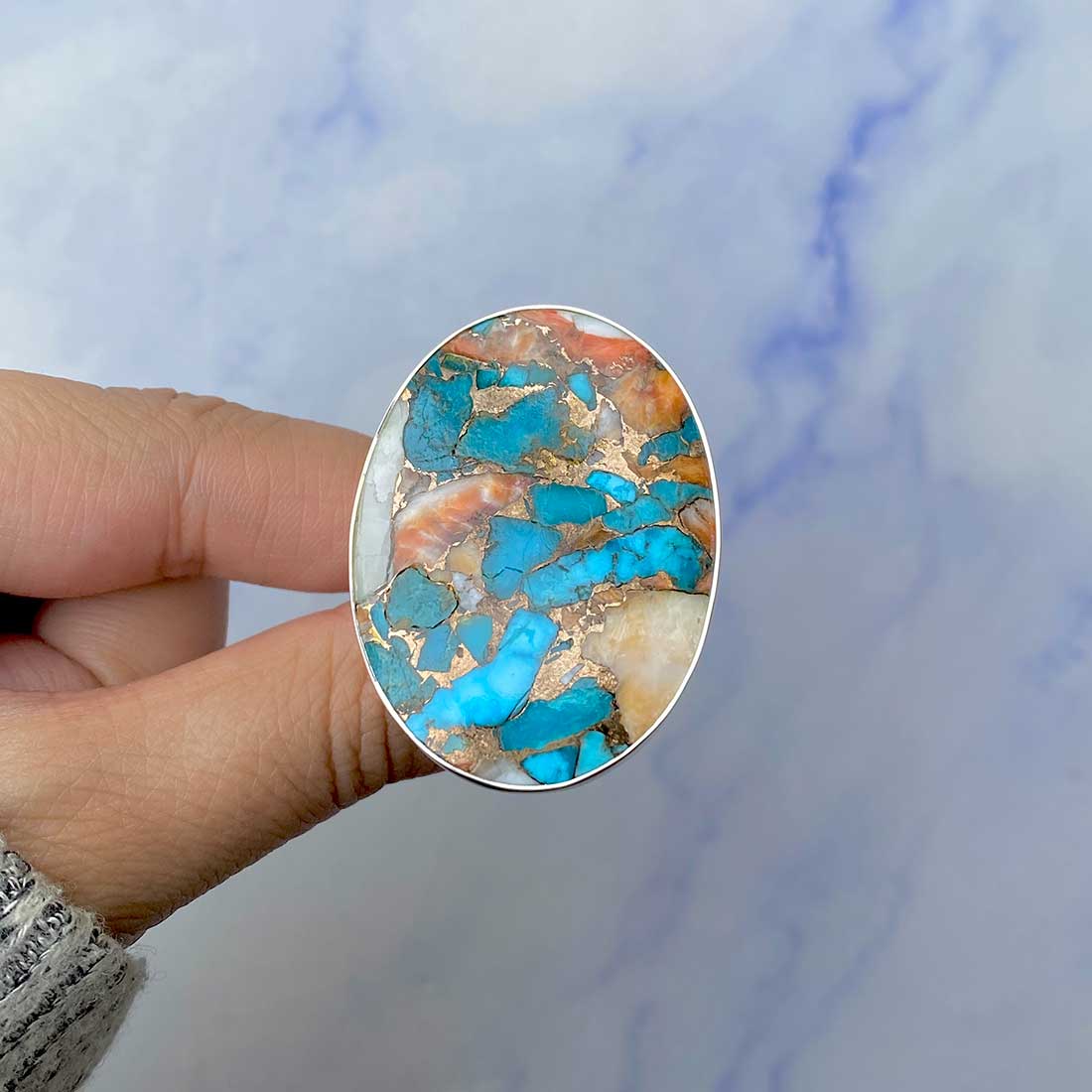 Spiny Oyster Turquoise Adjustable Ring-(TRO-R-53.)