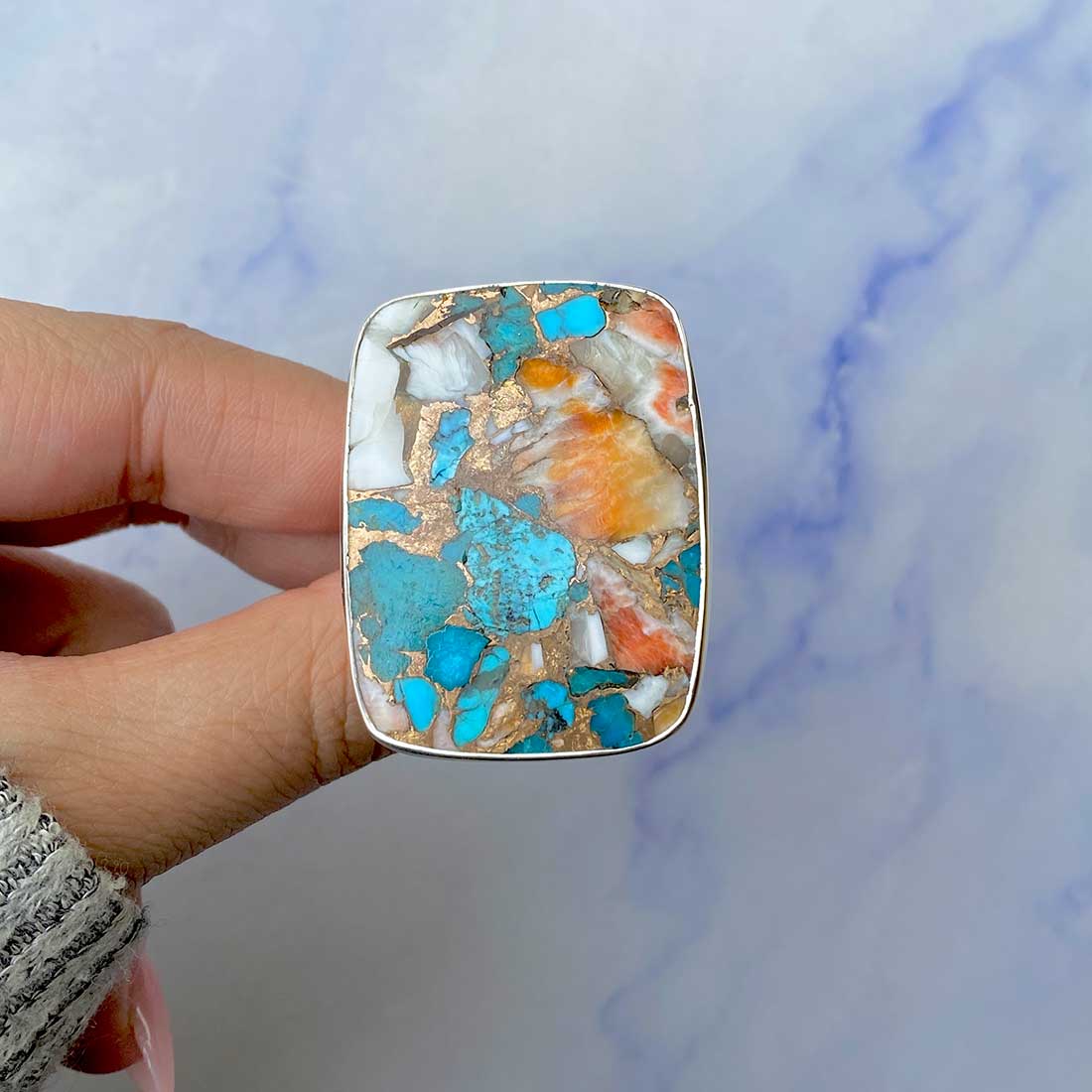 Spiny Oyster Turquoise Adjustable Ring-(TRO-R-56.)