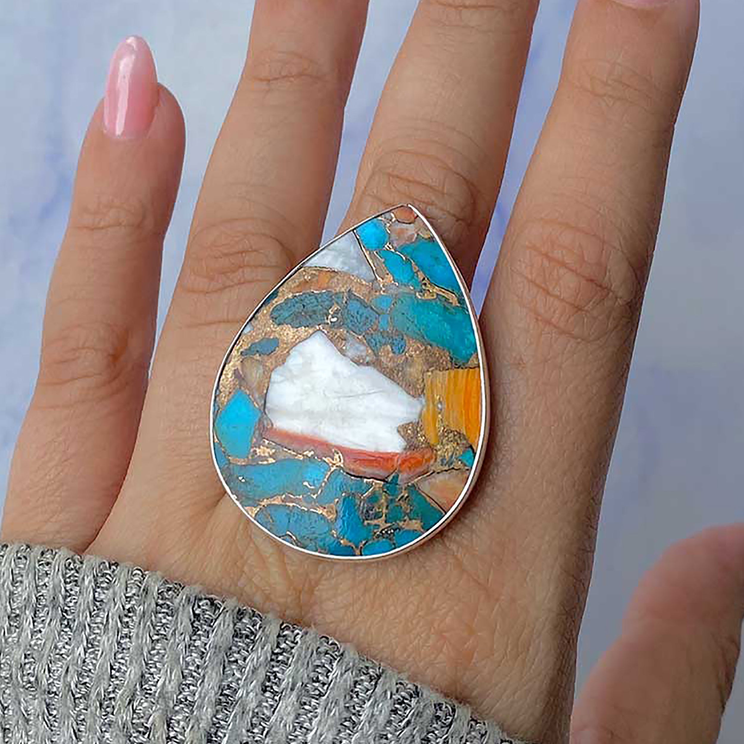 Spiny Oyster Turquoise Adjustable Ring-(TRO-R-57.)