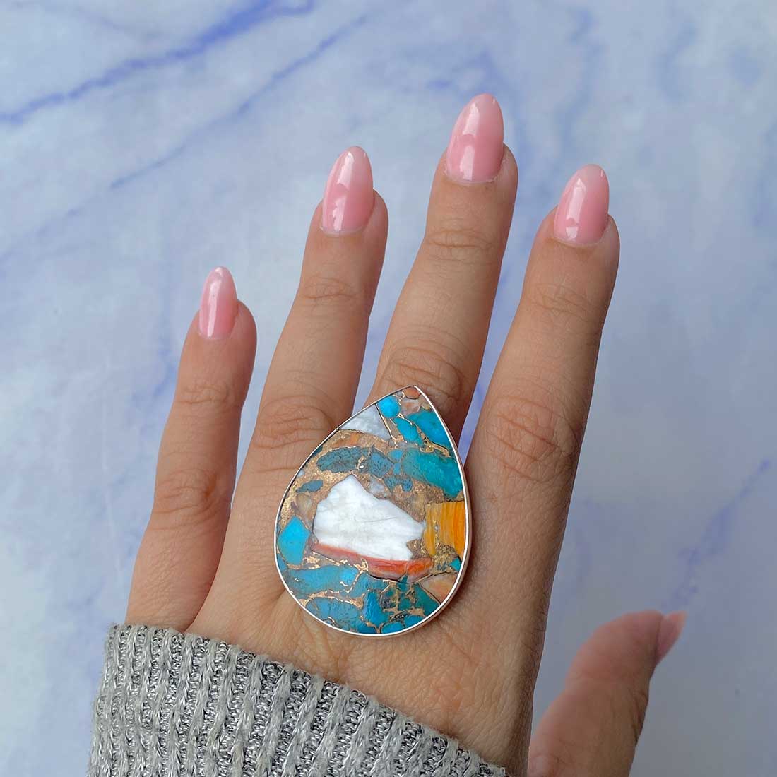 Spiny Oyster Turquoise Adjustable Ring-(TRO-R-57.)