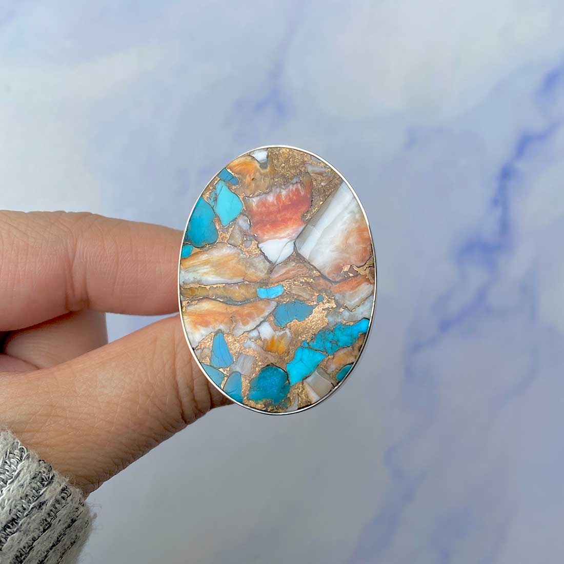 Spiny Oyster Turquoise Adjustable Ring-(TRO-R-59.)