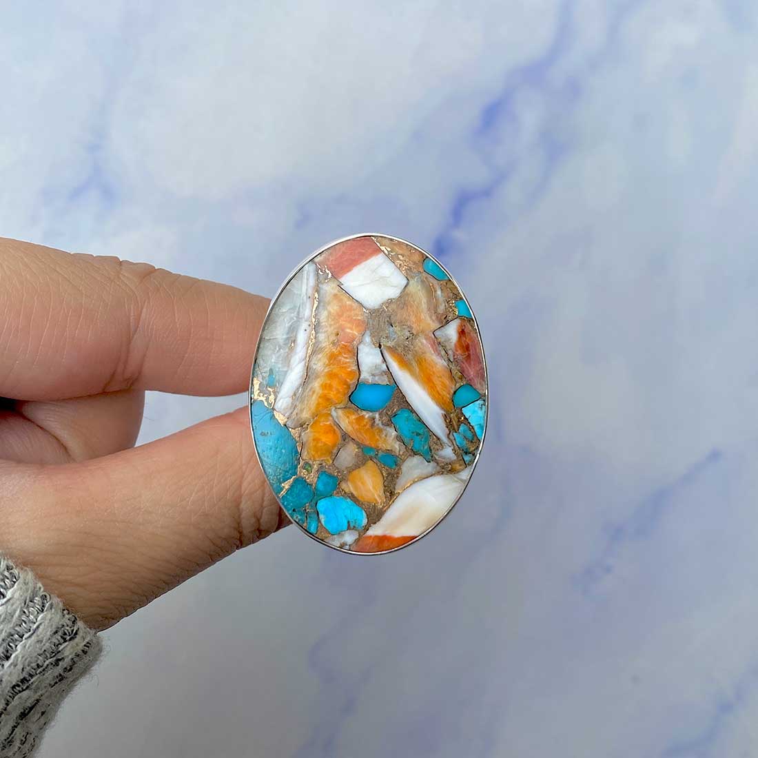 Spiny Oyster Turquoise Adjustable Ring-(TRO-R-60.)