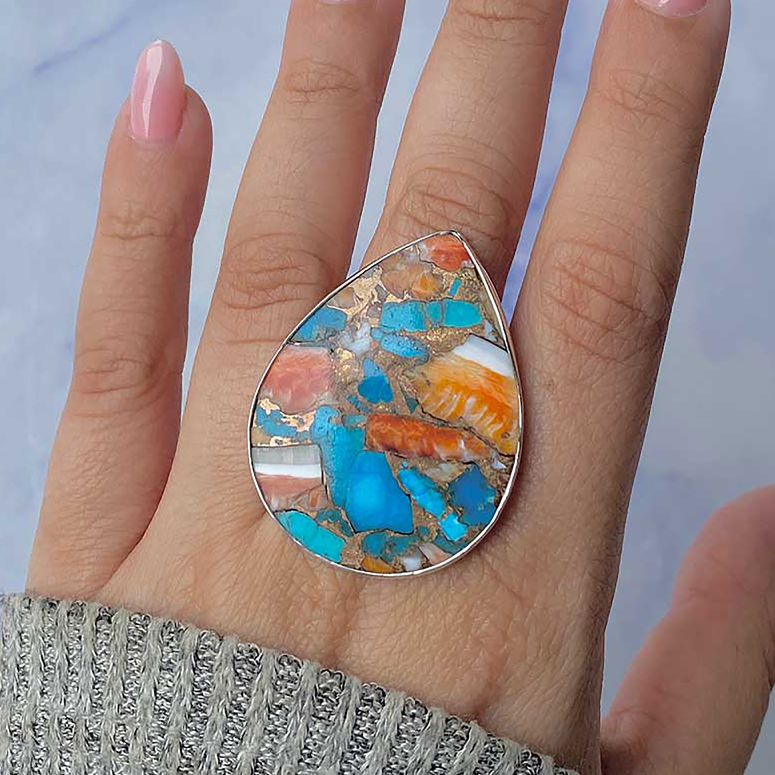 Spiny Oyster Turquoise Adjustable Ring-(TRO-R-61.)