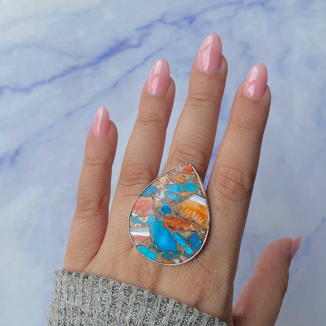 Spiny Oyster Turquoise Adjustable Ring-(TRO-R-61.)