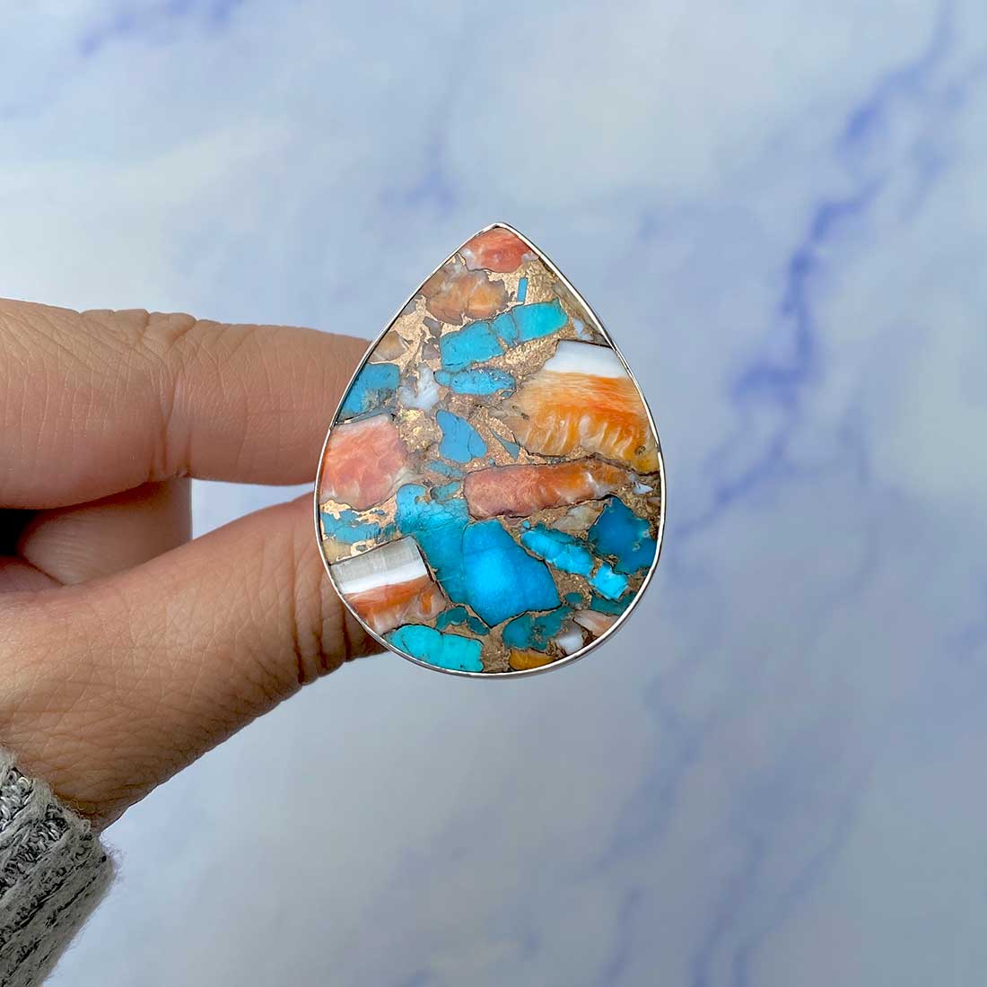 Spiny Oyster Turquoise Adjustable Ring-(TRO-R-61.)